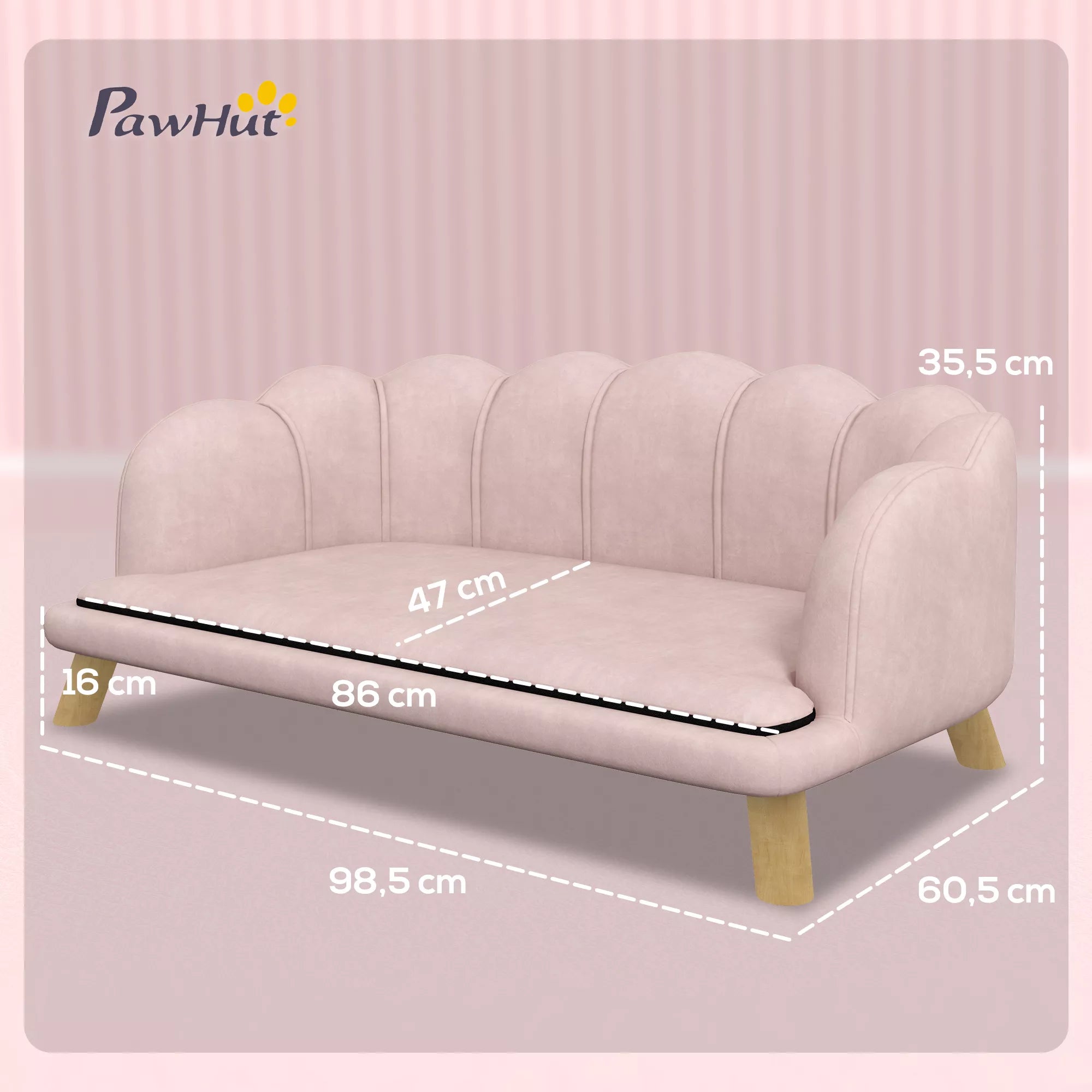Namai augintiniams skirtas sofa vidutinio dydžio ir dideliems šunims iki 25 kg, tvirtas medinis, paminkštintas, rožinis