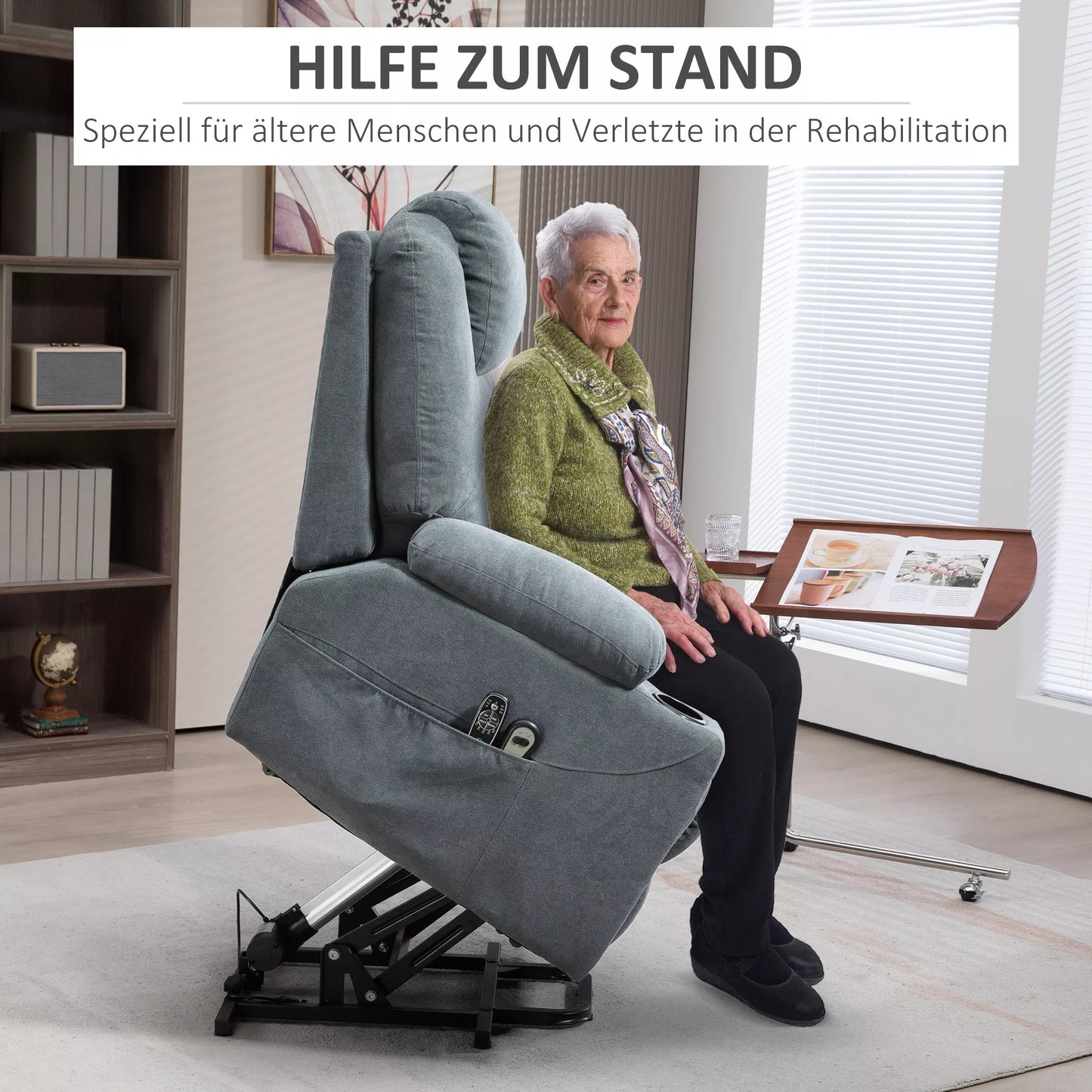 Masažinė kėdė su pagalba atsikelti senjorams, 8 masažo taškai, šoninės kišenės, nuotolinio valdymo pultelis, 90 ilgis x 101 plotis x 107 cm, pilka