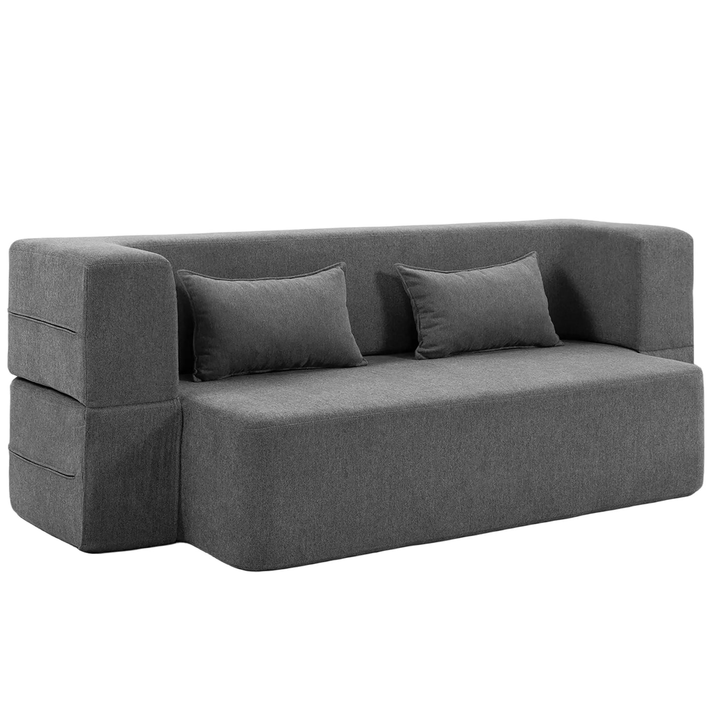 2 vietų putplasčio sofa-lova, miegamoji sofa su plačiais porankiais, 2 pagalvėlės, 360 kg keliamoji galia, pilka