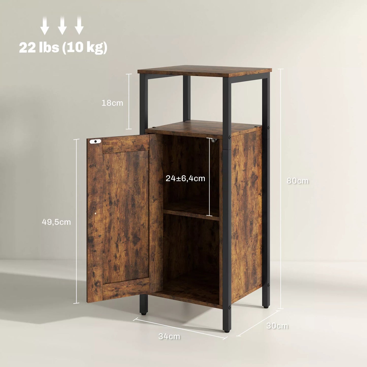 Šoninis staliukas su laikymo vieta, 2 atviros lentynos, 3 lygių reguliavimas, magnetinės durys, rudas