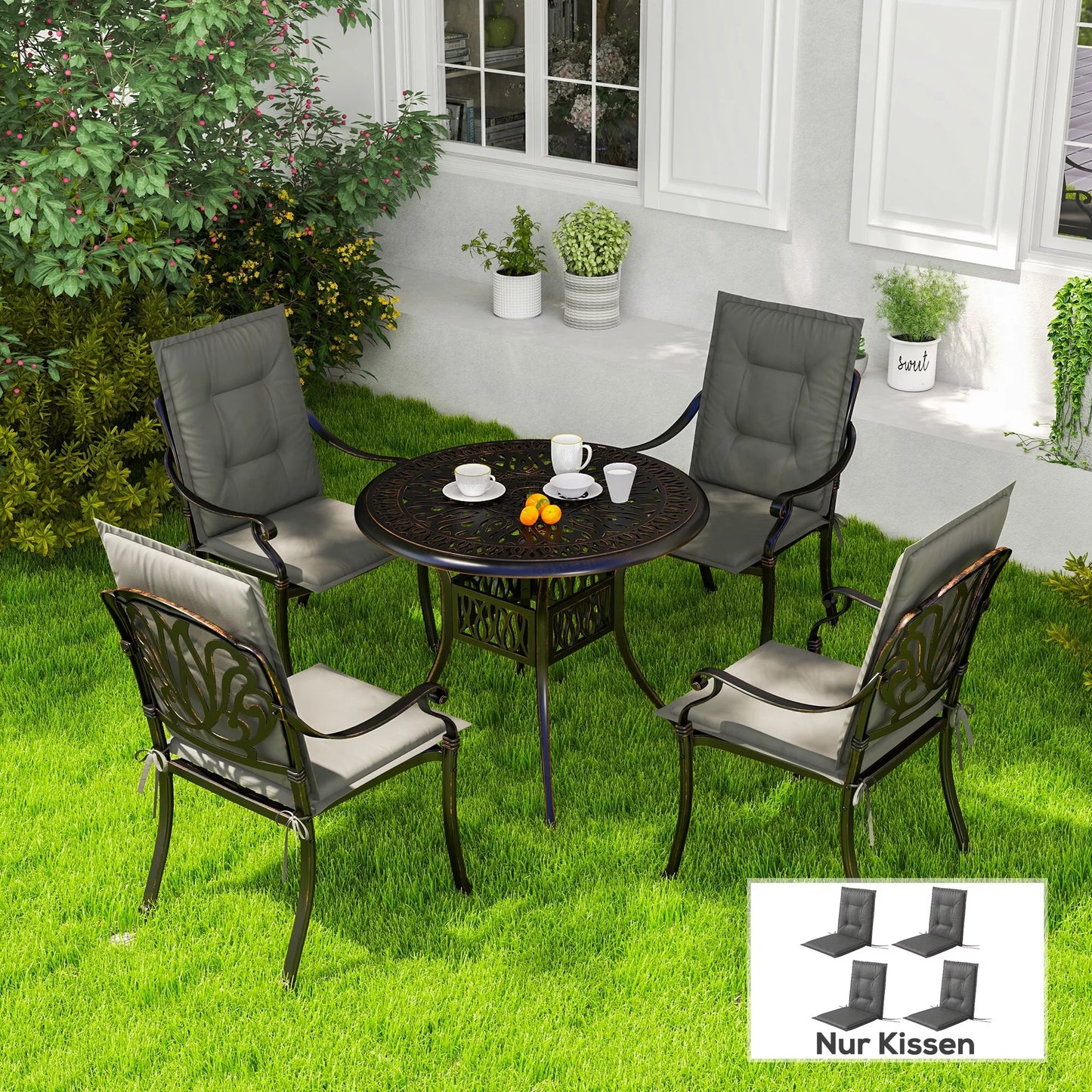 4 vnt. komplektas, sėdimųjų pagalvėlių 108 x 50 x 5 cm, kėdžių pagalvėlės su dirželiais, lauko ir vidaus sėdynių užvalkalas, šviesiai pilkos spalvos