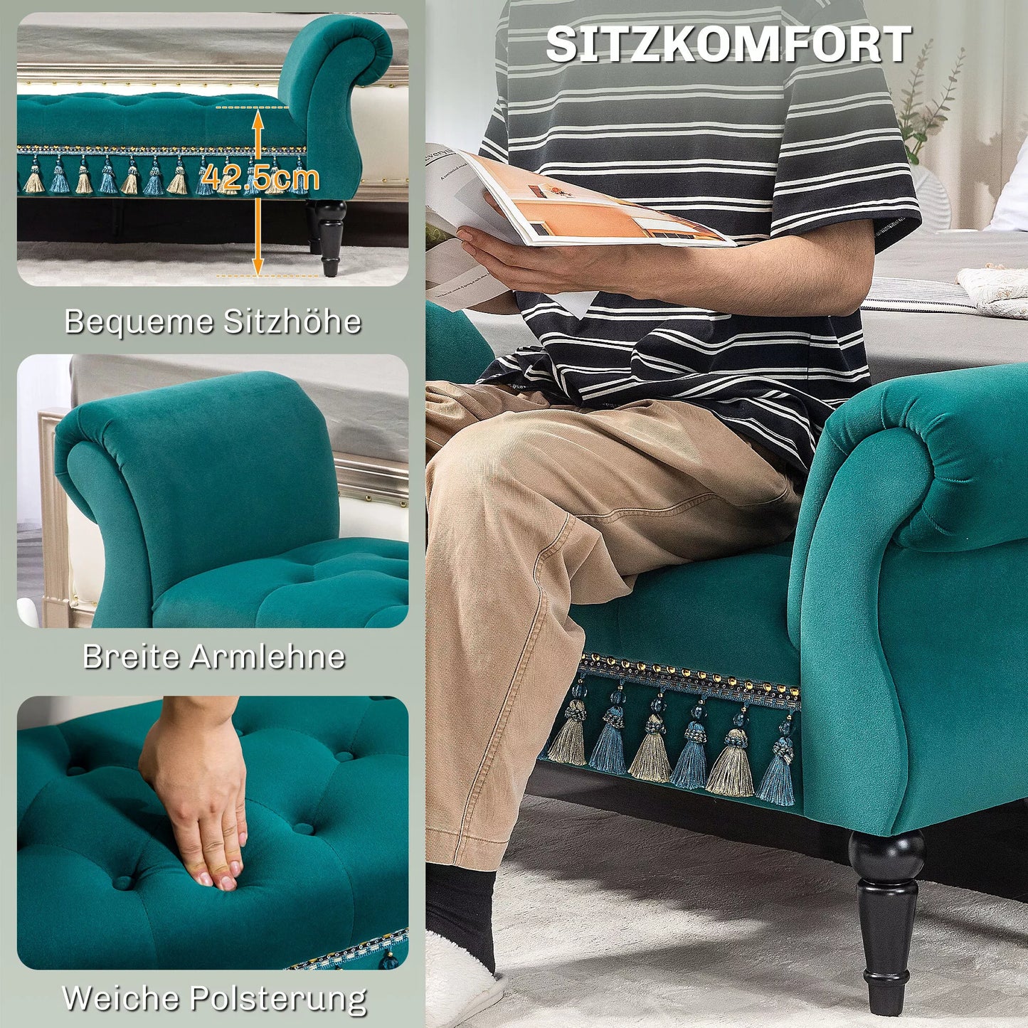 Minkštas suolas, vintažinio dizaino, iki 150 kg, 117x40x58 cm, žalias