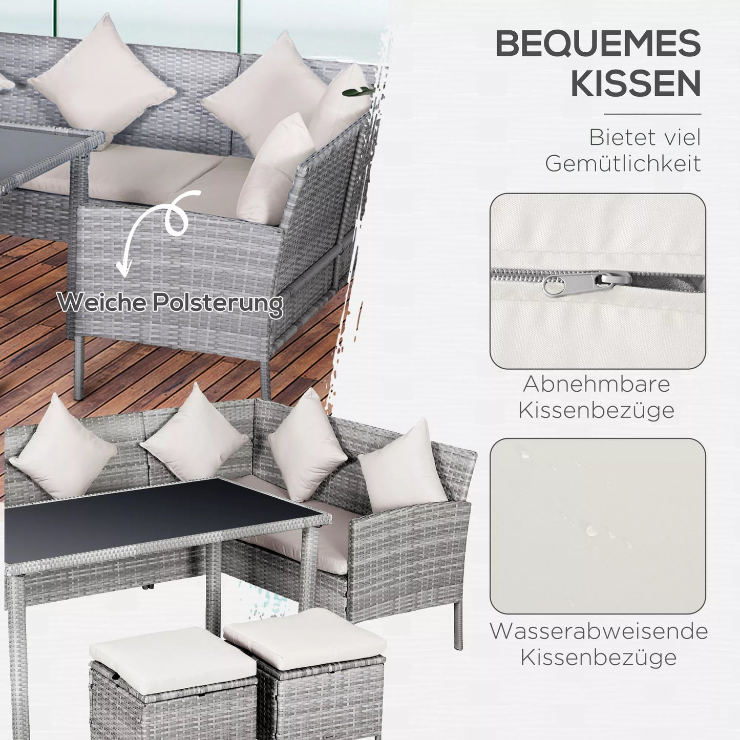 5 dalių sodo baldų komplektas, rotango poilsio grupė su pėdų atrama, metalas, pilka, 142 x 60 x 75 cm