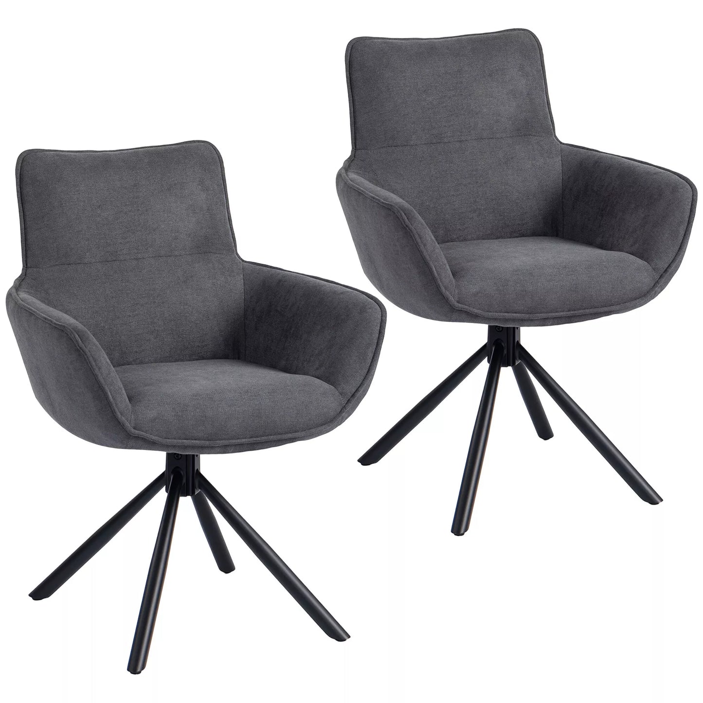 2 vnt. rinkinys Valgomojo kėdės, sukančios, minkštai paminkštintos, su porankiais, metaliniu pagrindu, tamsiai pilkos