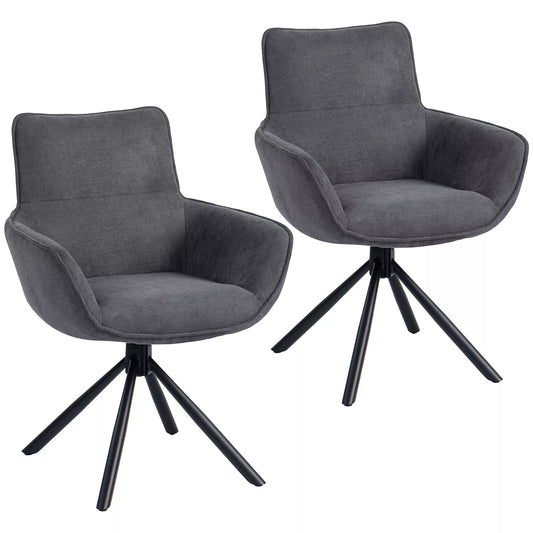 2 vnt. rinkinys Valgomojo kėdės, sukančios, minkštai paminkštintos, su porankiais, metaliniu pagrindu, tamsiai pilkos