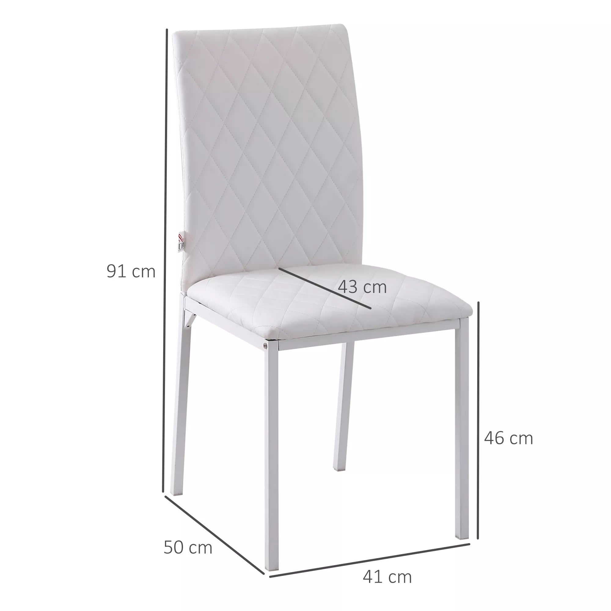 Kėdės matmenų schema: 91 cm aukštis, 46 cm sėdynė, 50 x 41 cm