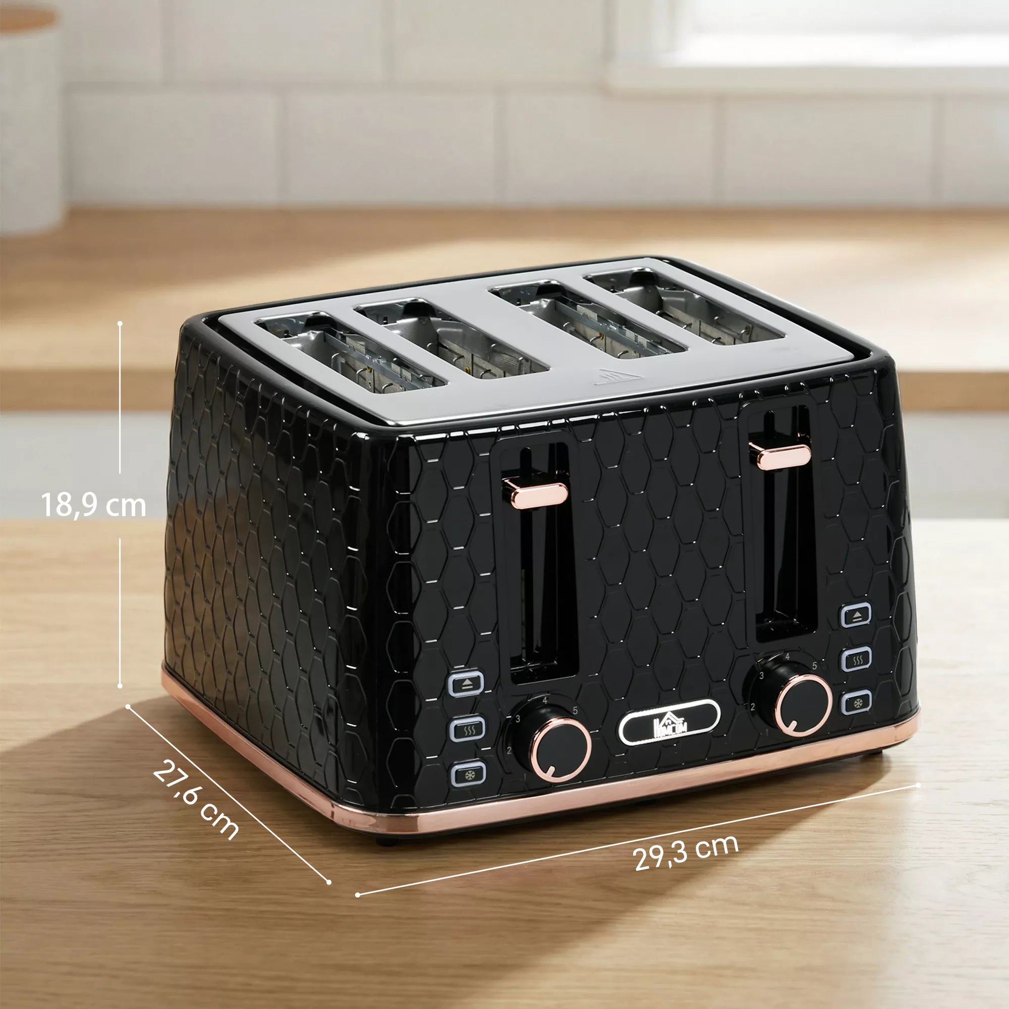 4-skiltis skrudintuvas su 7 skrudinimo lygiais, aukšto pakėlimo funkcija, pašildymo/atšildymo/atšaukimo funkcija, 1860 W, juodos spalvos su korio struktūra