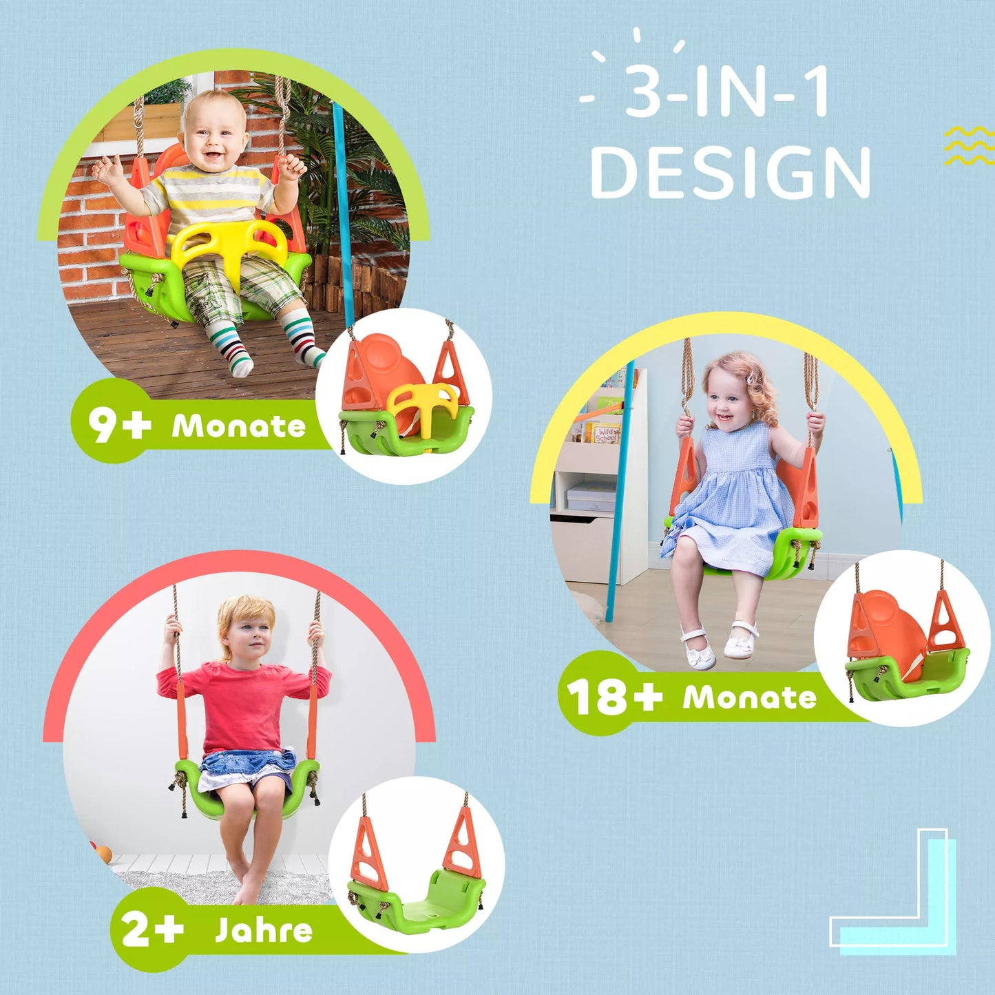 3in1 kūdikio sūpynės, saugos diržas, reguliuojamo ilgio virvės, tinkamos naudoti viduje ir lauke, žalios, 48 x 34 x 180 cm