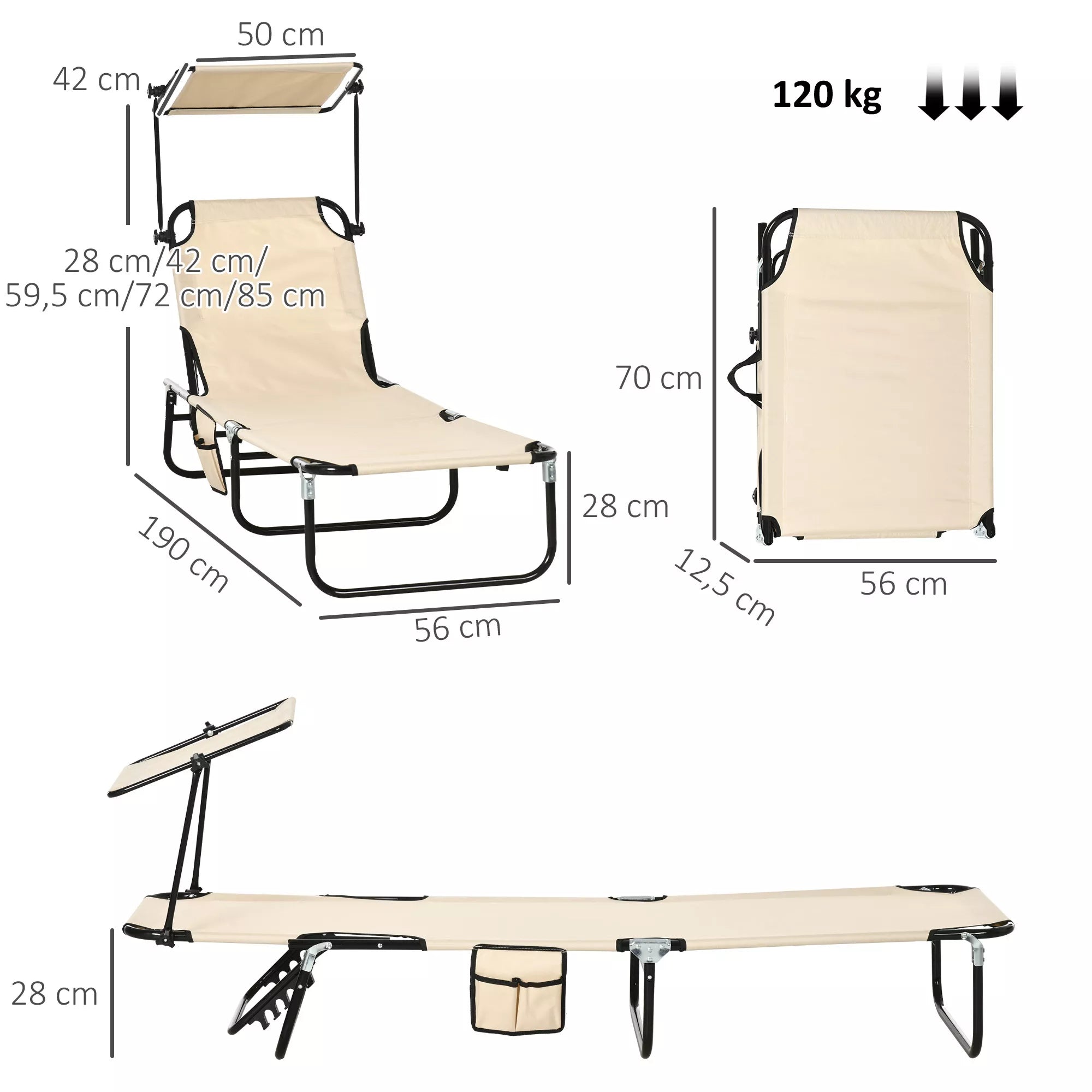Techninė schema su gulto matmenimis: ilgis 190 cm, plotis 56 cm, atlošo aukščio reguliavimas nuo 28 iki 85 cm, apkrova iki 120 kg.