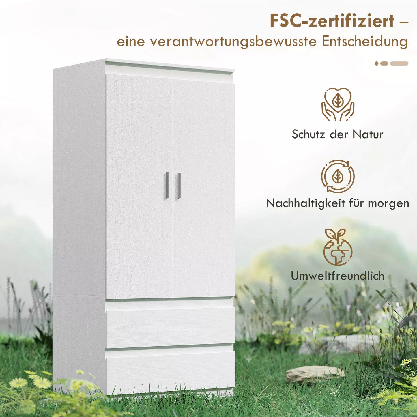 Miegamojo drabužinė su 2 durimis, 2 stalčiais, 3 skyreliais, mediena, balta