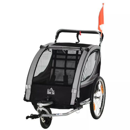Vaikiška dviračio priekaba, stumiamas vežimėlis, su stabdžiais, sulankstomas, 2 vaikams, Pilka/Juoda