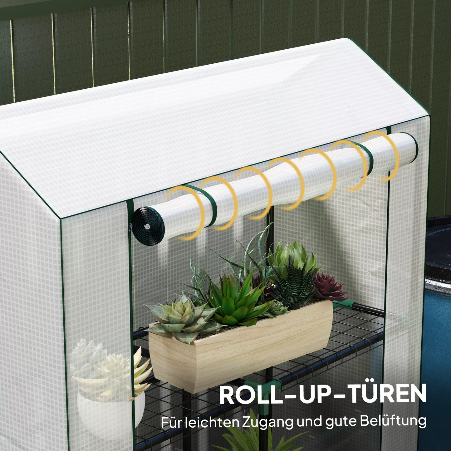 Šiltnamis su 3 pakopų lentyna, UV spinduliams atspariu plastikiniu dangčiu, ritininėmis durimis, 100 x 40 x 150 cm, baltas