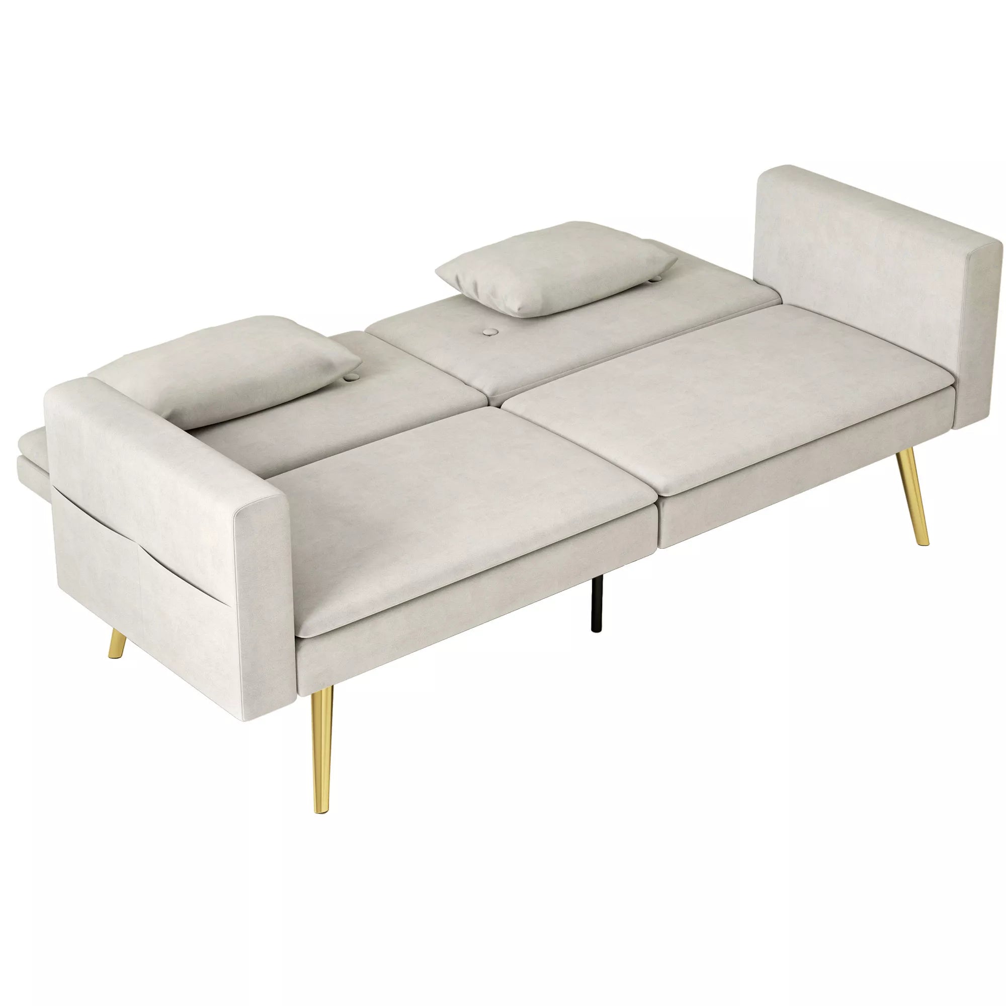 2 vietų sofa-lova, reguliuojama atlošas, minkštos pagalvės, aksominis gobelenas, svetainei, svečių kambariui, smėlio spalvos