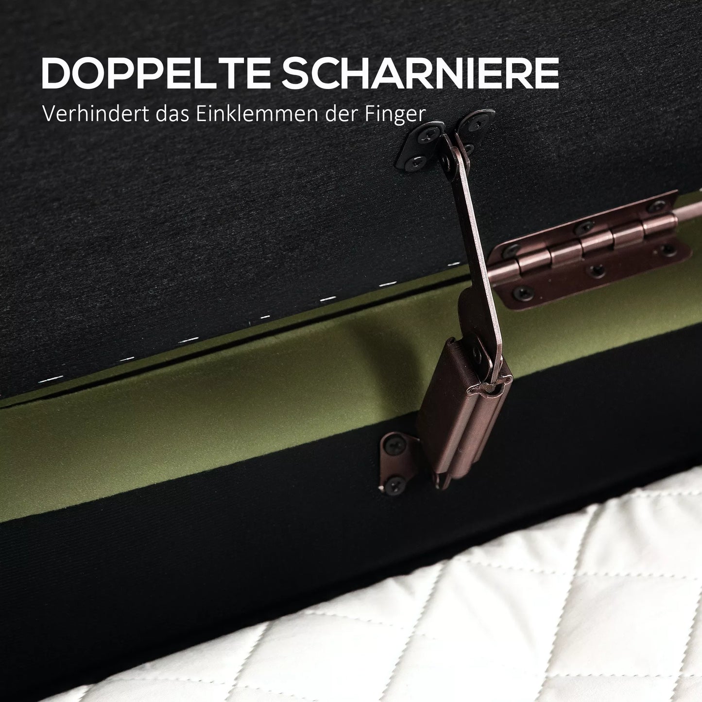 Suolas su atverčiamu dangčiu ir daiktadėže, audinio apmušalas, mediena, metalas, tamsiai žalia + aukso spalvos