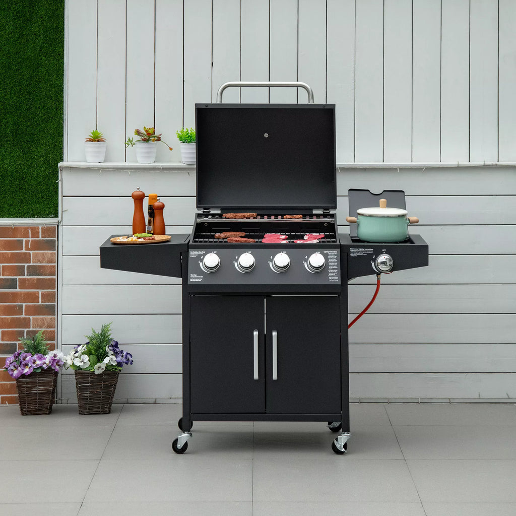 Dujinis grilis BBQ su 3 degikliais, kiekvienas po 3 kW Mobilus grilio vežimėlis su 4 ratais Grilio tinklelis Šoniniai stalai Slėgio mažintuvas Žarnos Spintelė Daugiafunkcinis Metalo Juodas 132,4 cm x 55 cm x 109 cm