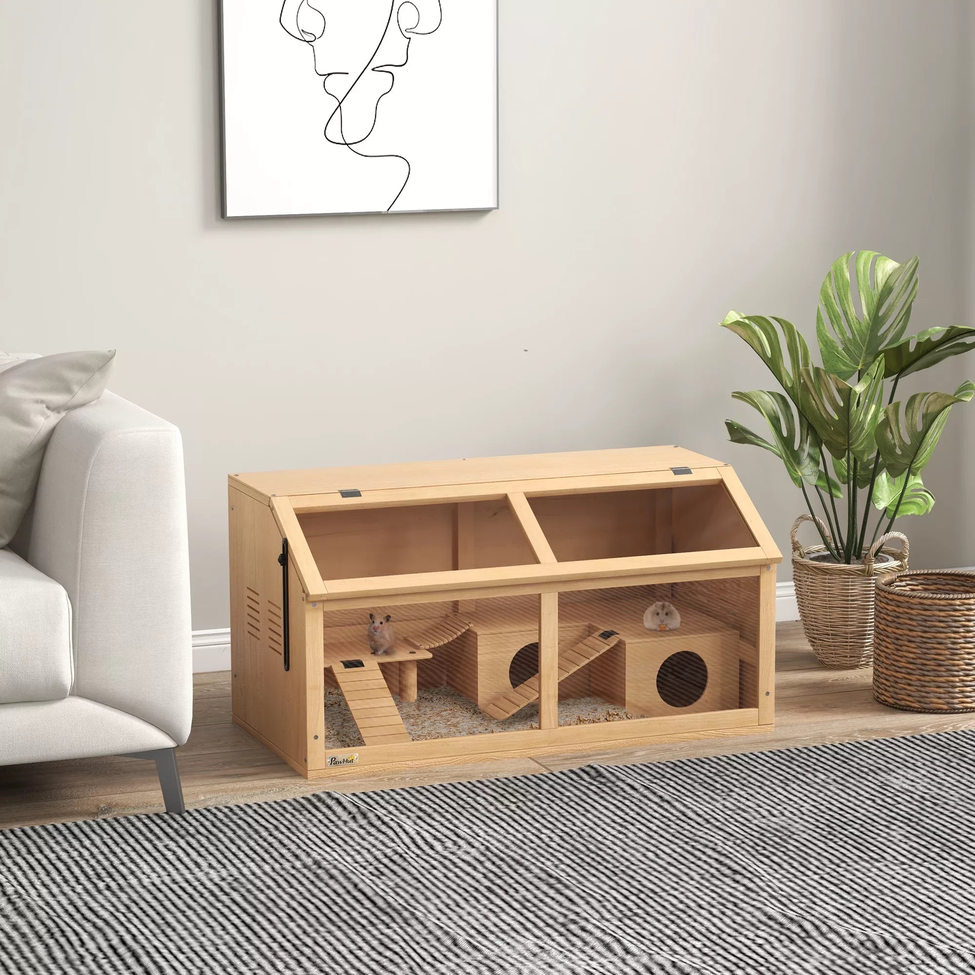 Hamsterio narvelis Sirijos hamsteriams ir nykštukiniams hamsteriams, su platforma, kabamuoju tiltu, nameliu, 85x45x44 cm