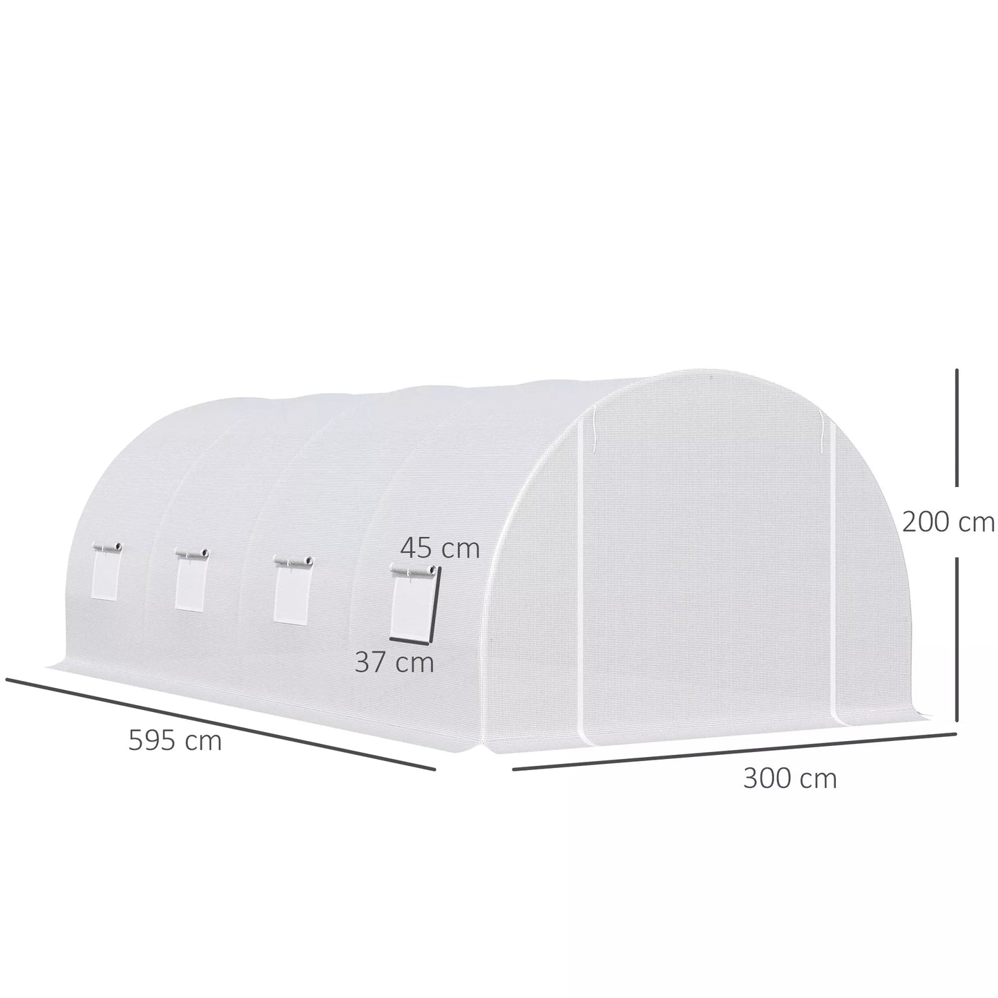 Šiltnamis 595x300x200cm Plėvelinis šiltnamis Pomidorų namelis su durimis, langu, plėveliniu tuneliu iš cinkuoto plieno, augalų tunelis, šiltnamis su į žemę įsriegiamais kuoliukais, lynais, sodo tunelis, baltas