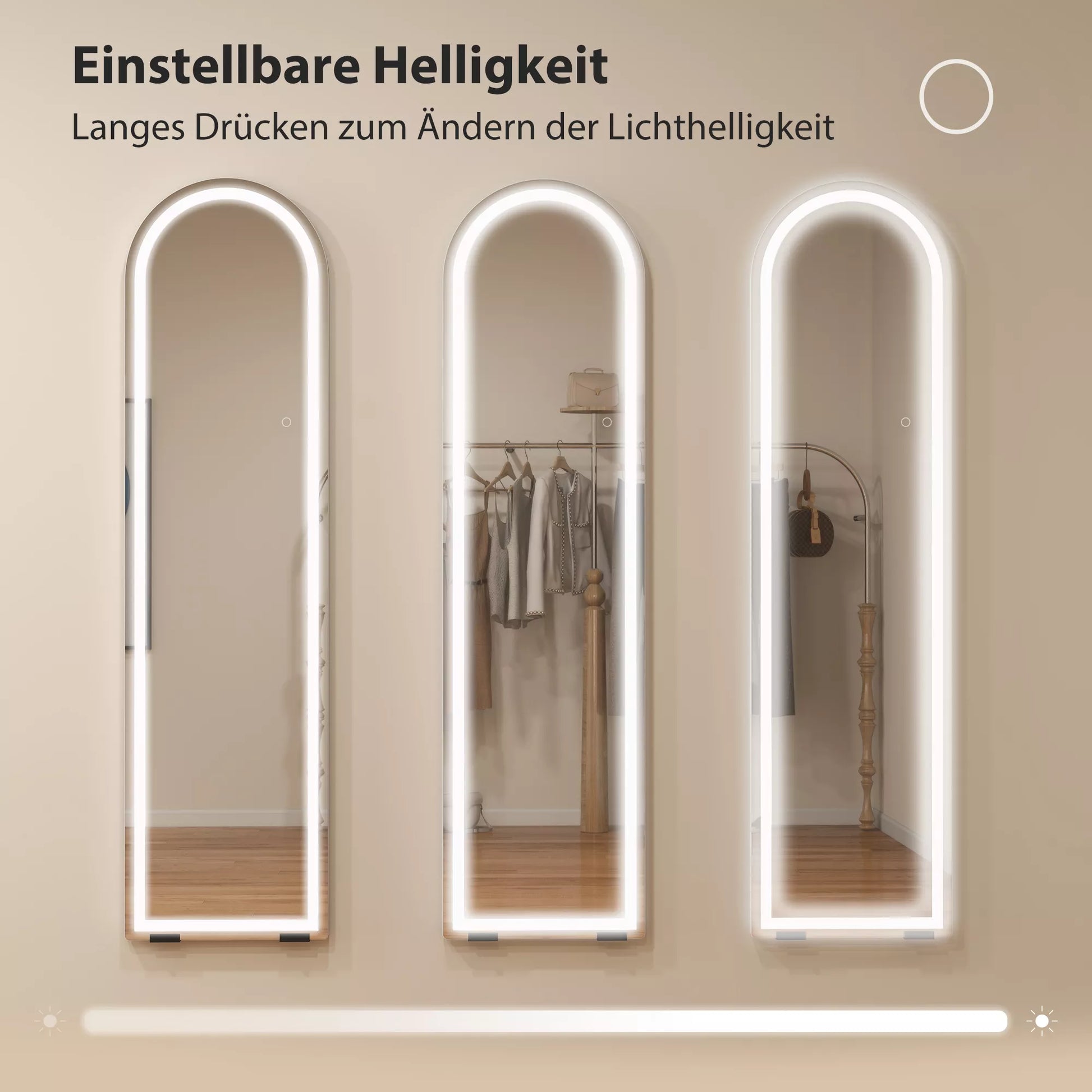 Viso veidrodis su LED apšvietimu, 150 x 40 cm, lankstytas, pritemdomas, 3 spalvų apšvietimas, pastatomas arba tvirtinamas ant sienos, baltas