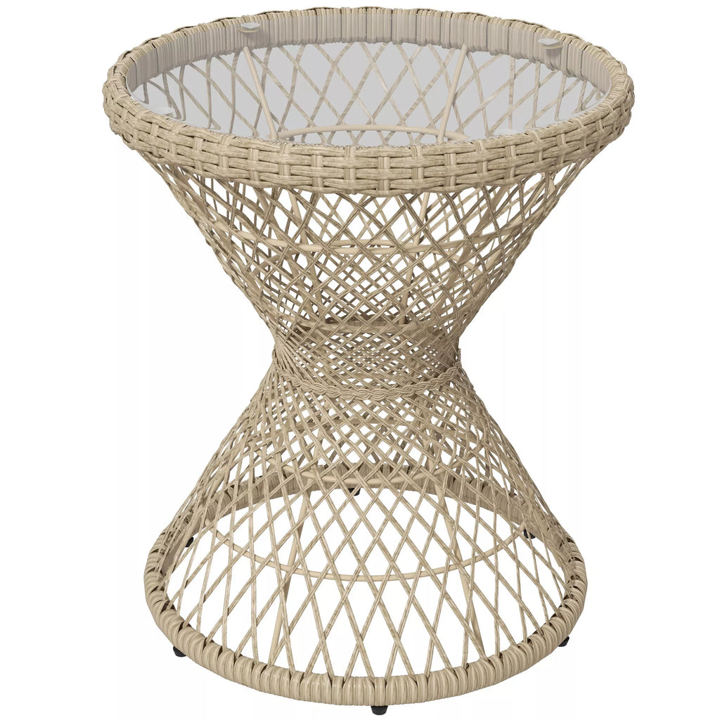 Staliukas Boho stilius, stiklo stalviršis, PE rotangas, 45 cm x 45 cm x 52 cm, natūralus