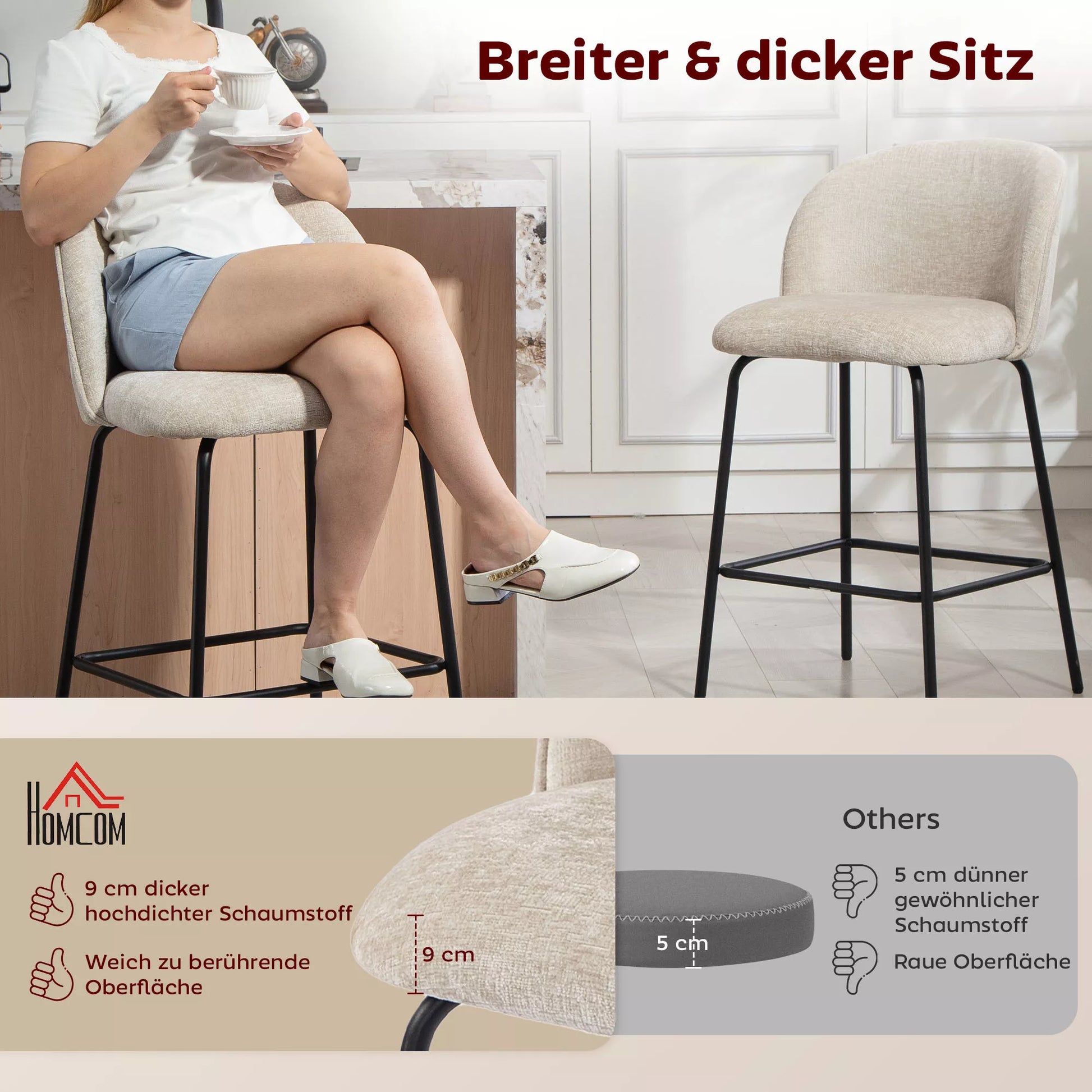 2 vnt. komplektas baro taburečių su atlošu ir atrama kojoms, paminkštintos kėdės su plieninėmis kojelėmis virtuvės salai, valgomajam, smėlio spalvos