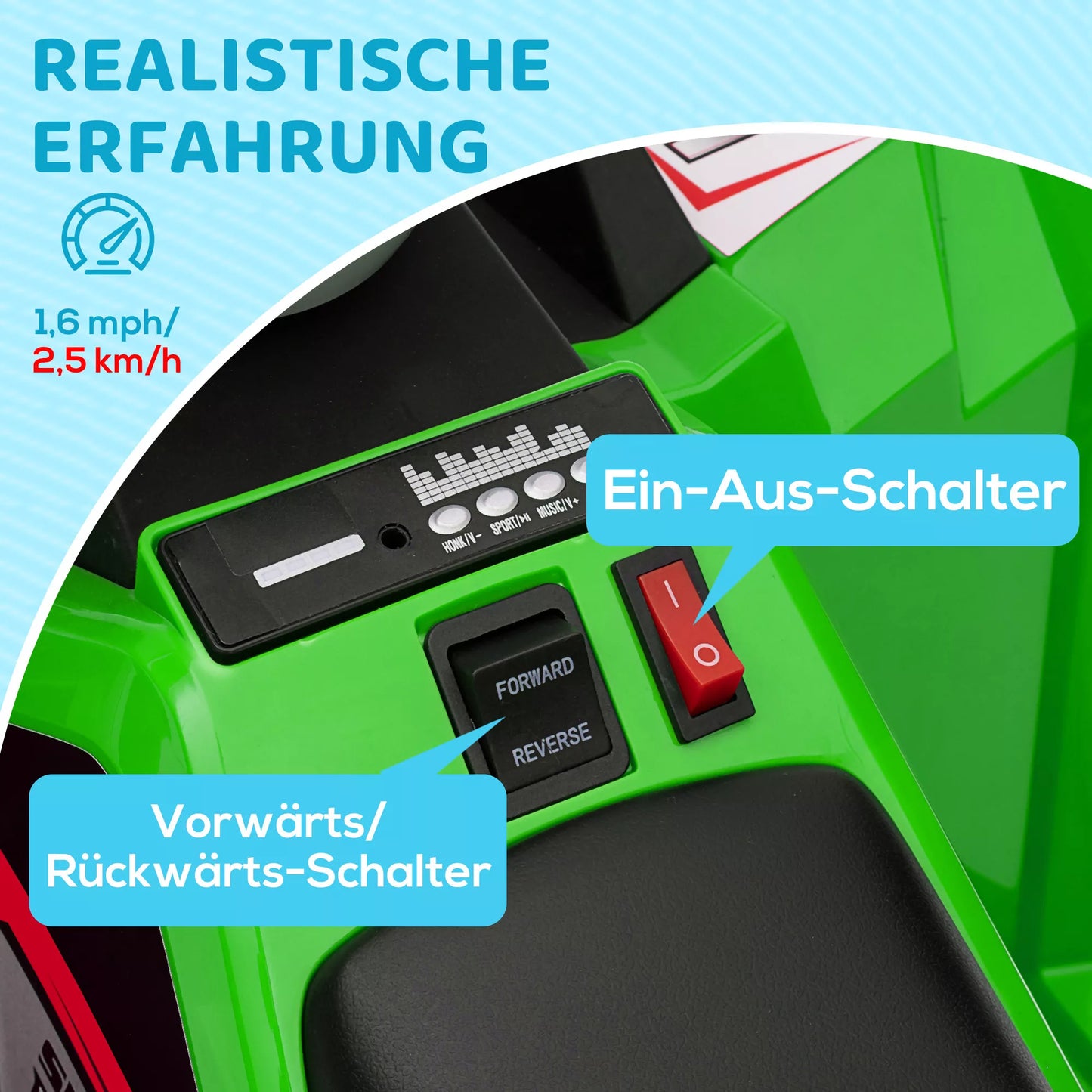 Elektrinis vaikiškas keturratis, 2,5 km/h, važiavimas pirmyn ir atgal, nuo 18-36 mėn., žalias