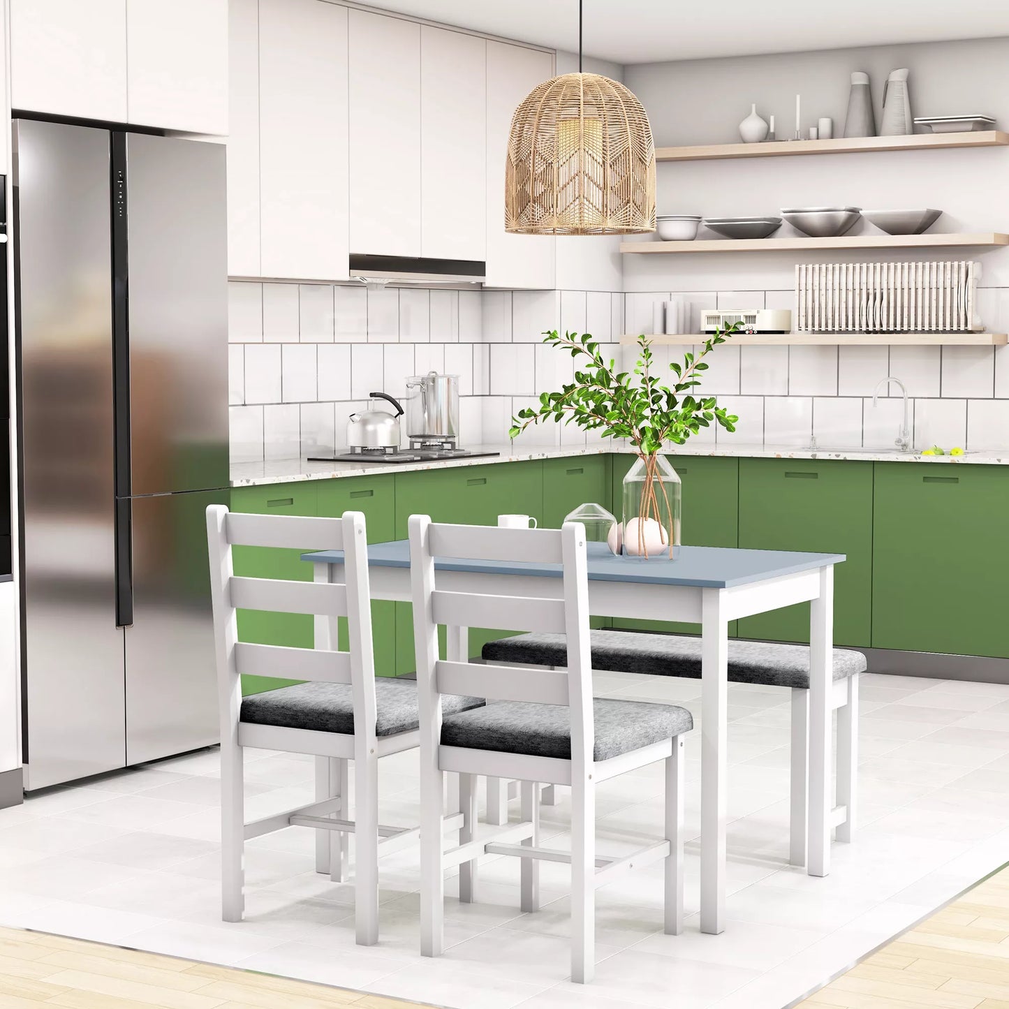 Sėdimoji grupė, 4 dalių valgomojo stalo komplektas, 1 stalas, 1 suolas, 2 kėdės, Pilka + Balta