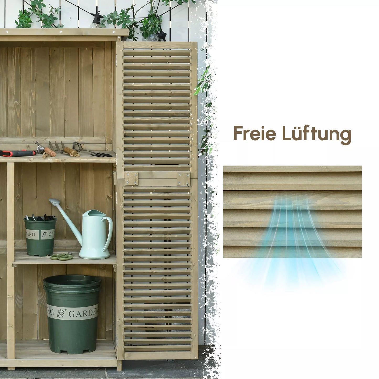 Medinė sodo spinta, įrankių namelis su asfalto stogu, lamelių durimis, 4 skyriai, pilkos spalvos, 87 x 46,5 x 160 cm