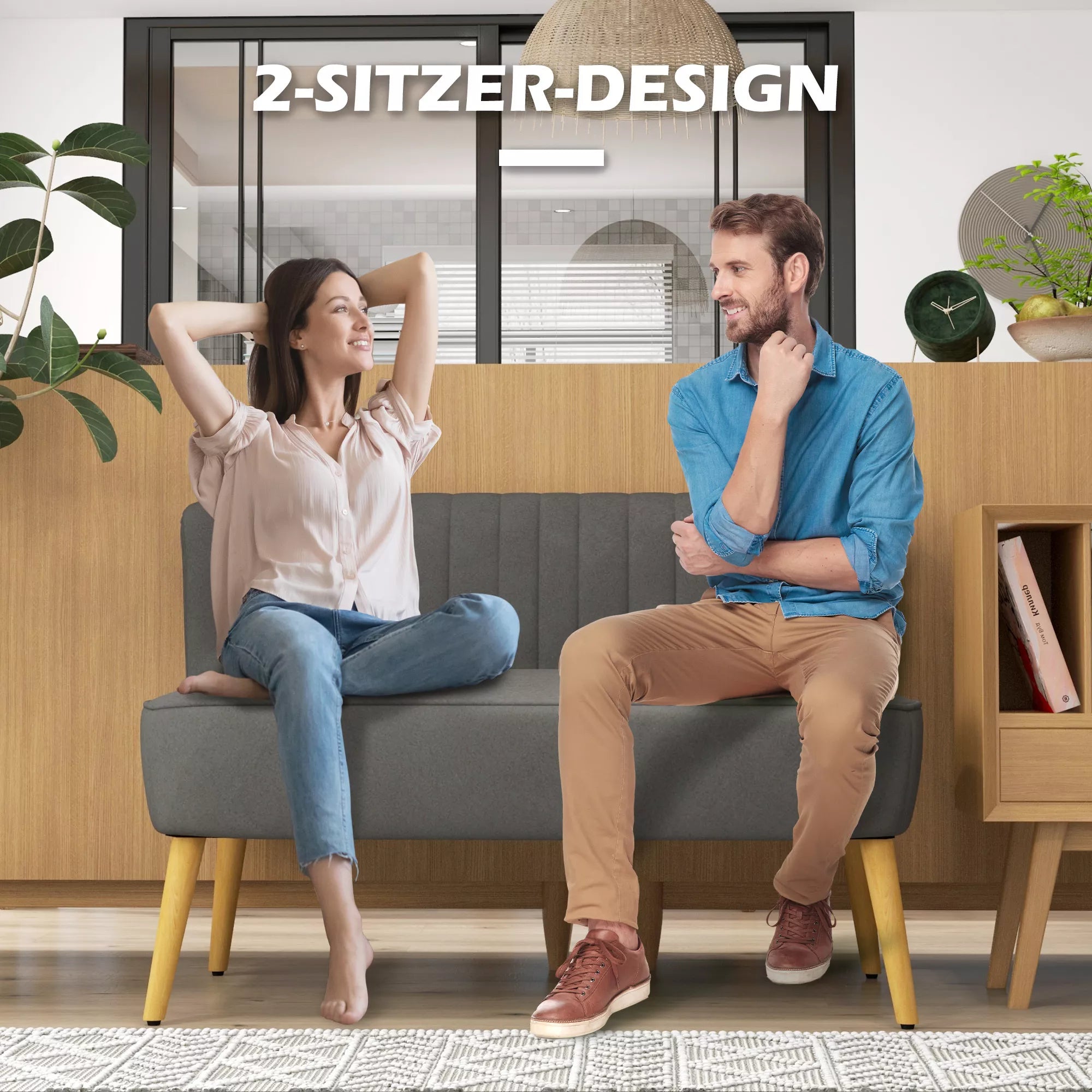 Sofa 2-vietė su medinėmis kojelėmis, 117 cm, tamsiai pilka