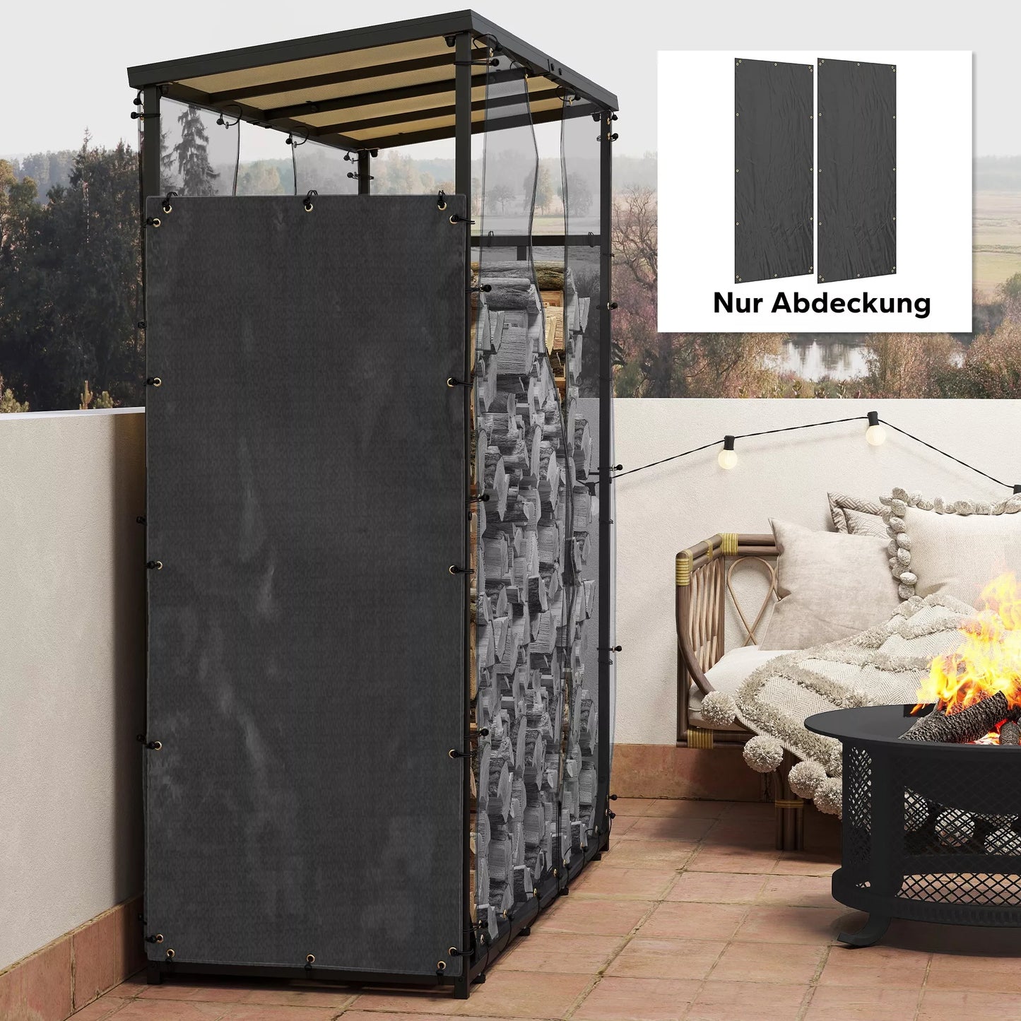 Dangtis malkų lentynai, 2 vnt. komplektas, atsparus oro sąlygoms ir dulkėms, 148 x 62 cm, juodas