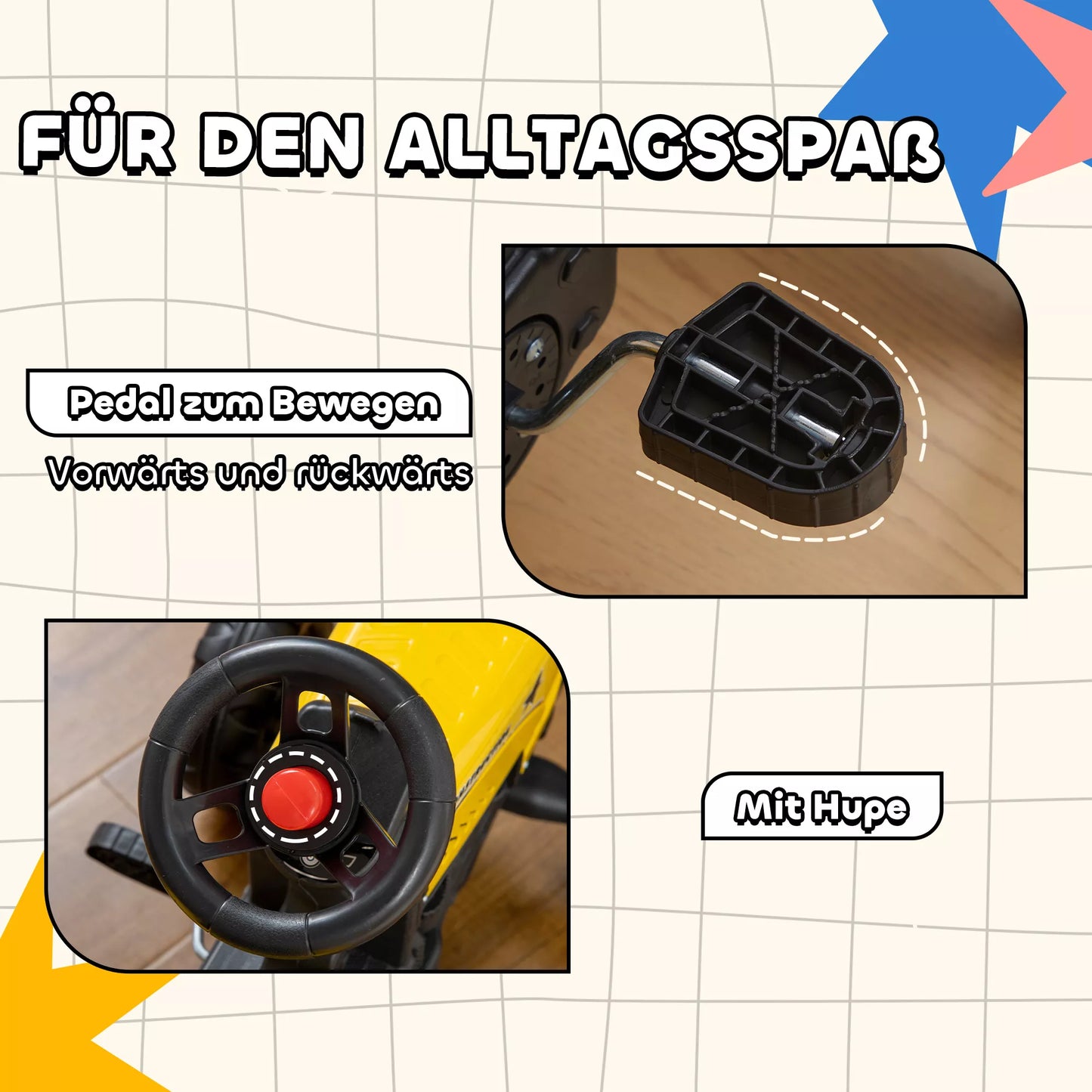 Pedalinis traktorius su priekaba, įrankiai, garso signalas, vaikams nuo 3 metų, metalinis rėmas, juodai-geltonas, 133 x 42 x 51 cm