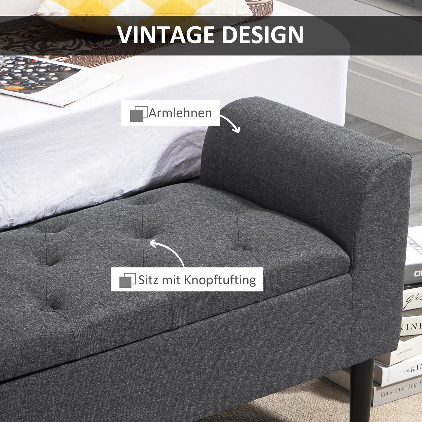 Talpus minkštas suoliukas su lino išvaizda, medinėmis kojomis, gali būti naudojamas kaip suolas iki 130 kg apkrovos, tinkamas svetainei, miegamajam, koridoriui, 116 x 44 x 58 cm Tamsiai pilkas