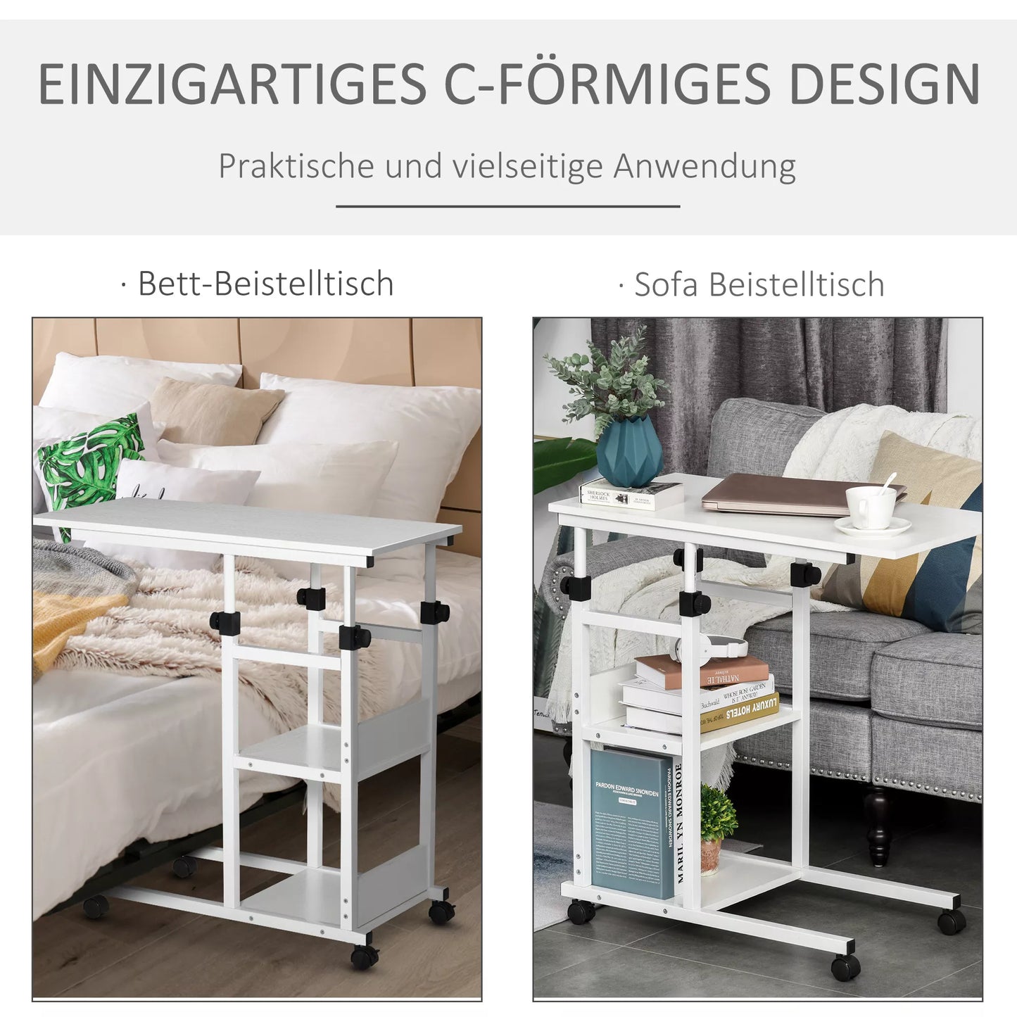 Šoninis staliukas su ratukais, reguliuojamo aukščio, kompaktiškas, 2 lentynos, metalinis rėmas, 80x40x72-82 cm, baltas