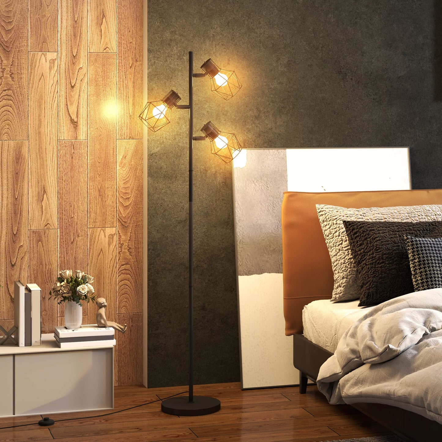 3 šviesų pastatomas toršeras su lanksčiais šviesos elementais, medžio formos, tinkamas svetainei ir miegamajam, metalas, juodos spalvos