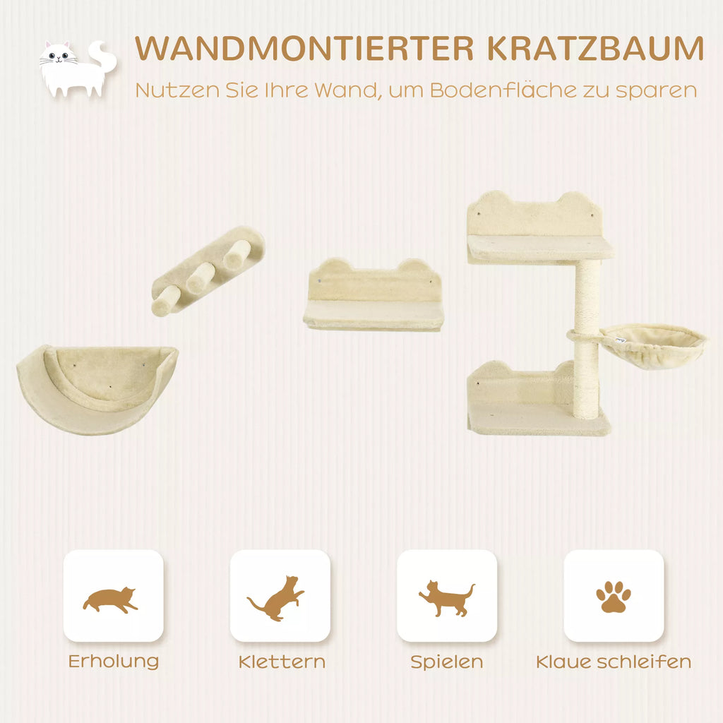 Katinėms skirtas laipiojimo sienos rinkinys, 4 dalys, su katės laipteliais, hamaku, platforma ir nagų galandimo stulpu, smėlio spalvos