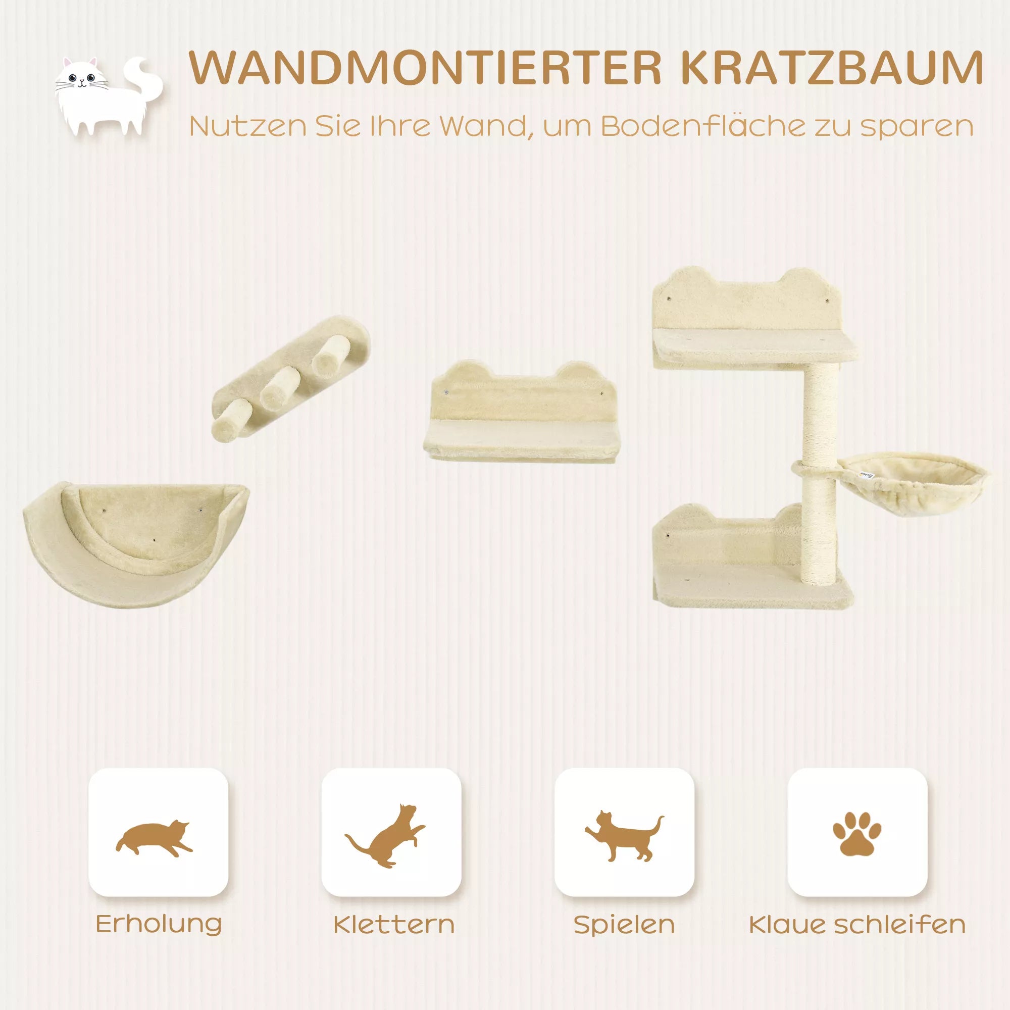 Katinėms skirtas laipiojimo sienos rinkinys, 4 dalys, su katės laipteliais, hamaku, platforma ir nagų galandimo stulpu, smėlio spalvos