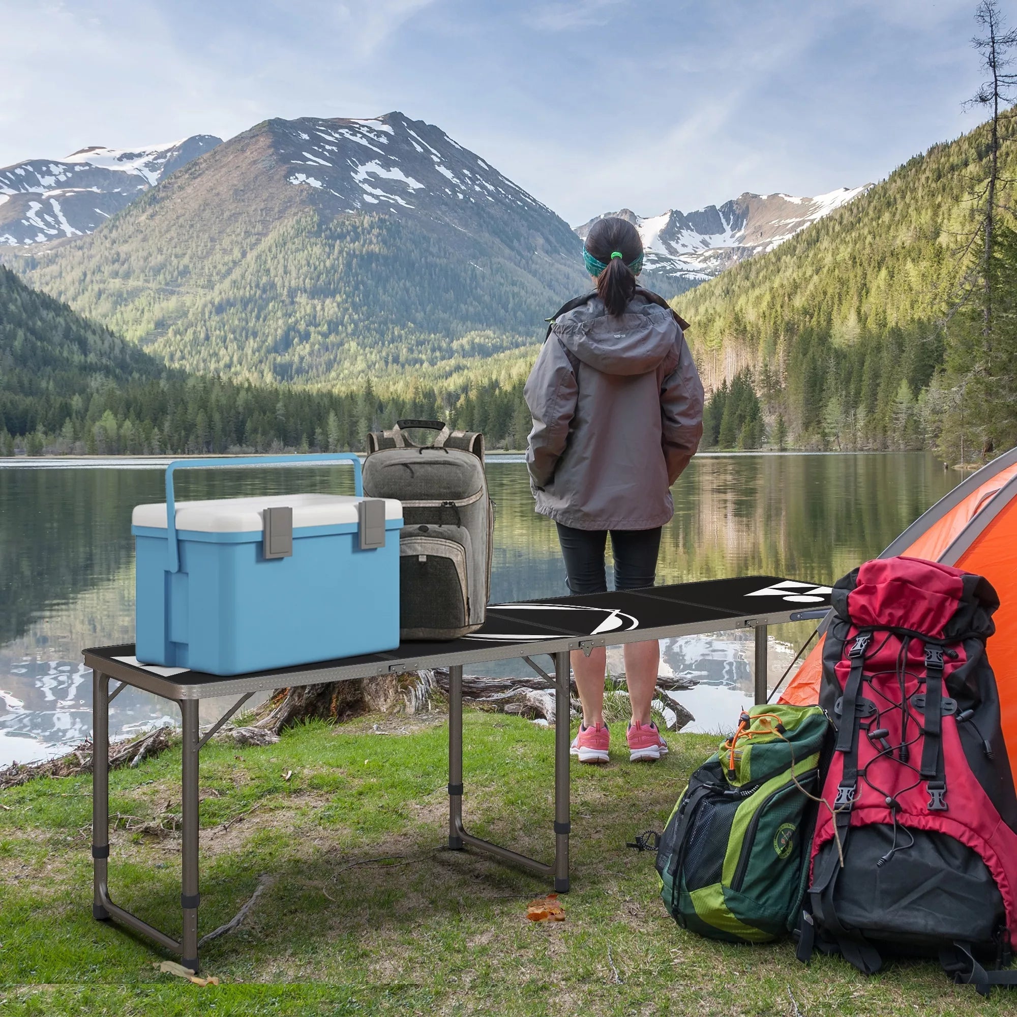 Kempingo stalas, sulankstomas, lengvas, reguliuojamo aukščio, su aliuminio rėmu, 240 x 60 x 54/62/70 cm, juodos spalvos