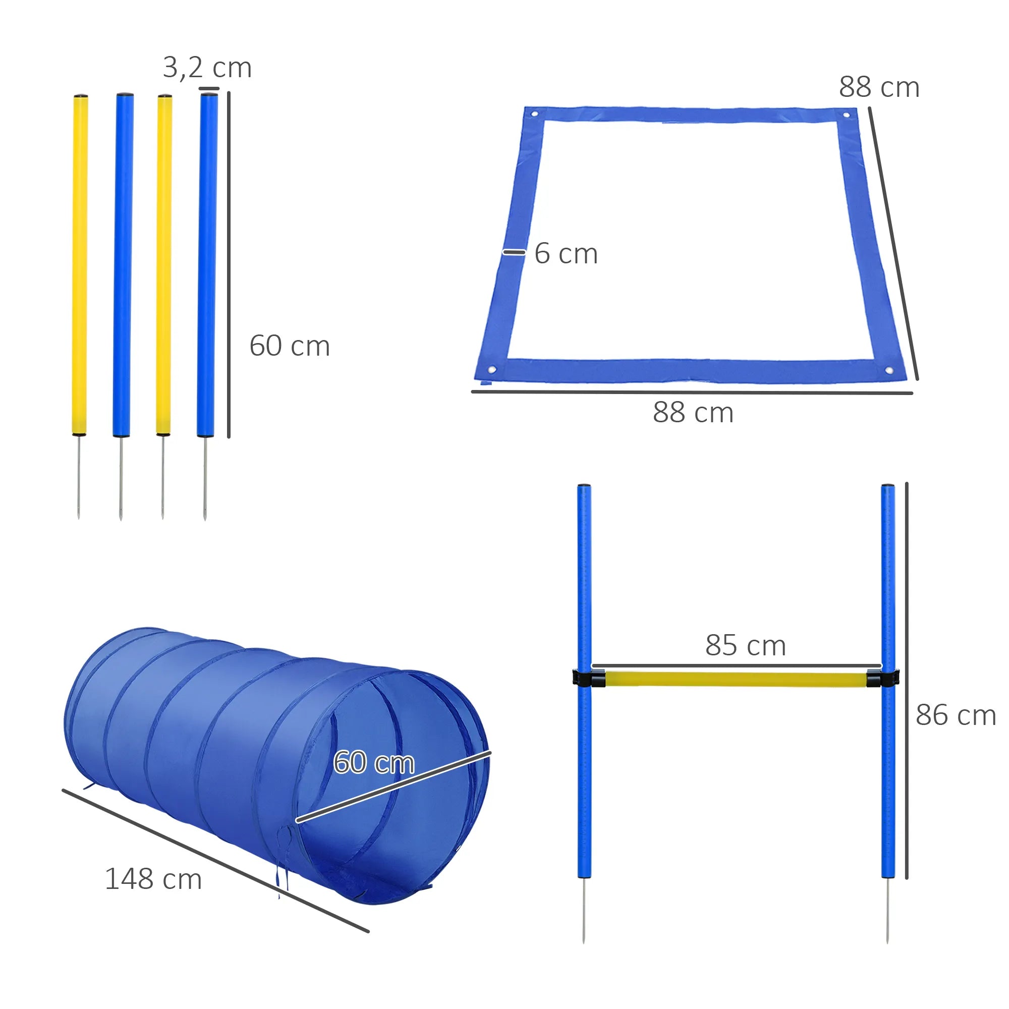 Schema su agility rinkinio matmenimis: tunelis 148 cm, šuolis 86 cm