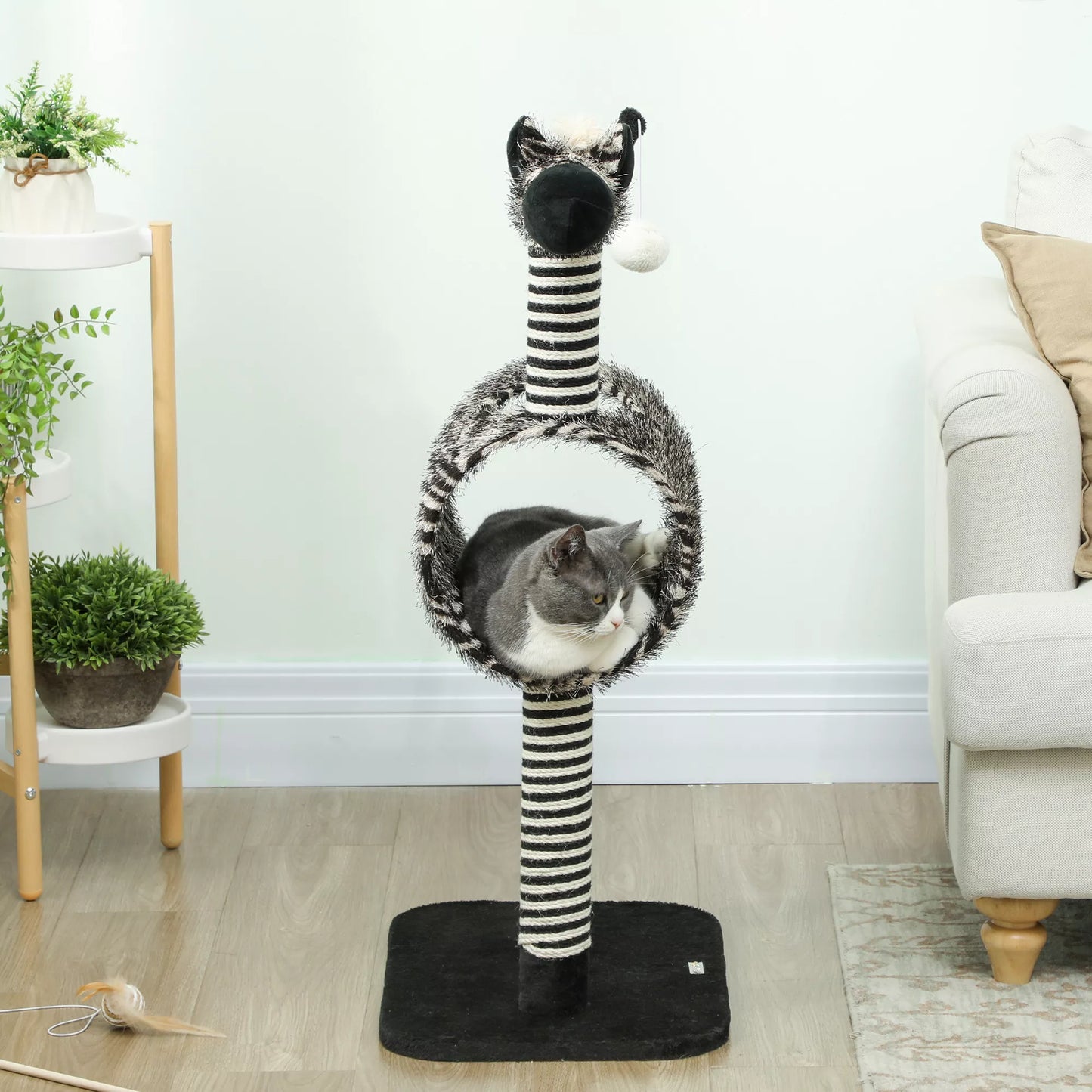 Katės namelis Zebrinio rašto, 1 katės tunelis, 3 draskyklės stulpai 48,5 cm x 35 cm x 93 cm, Juoda + Balta