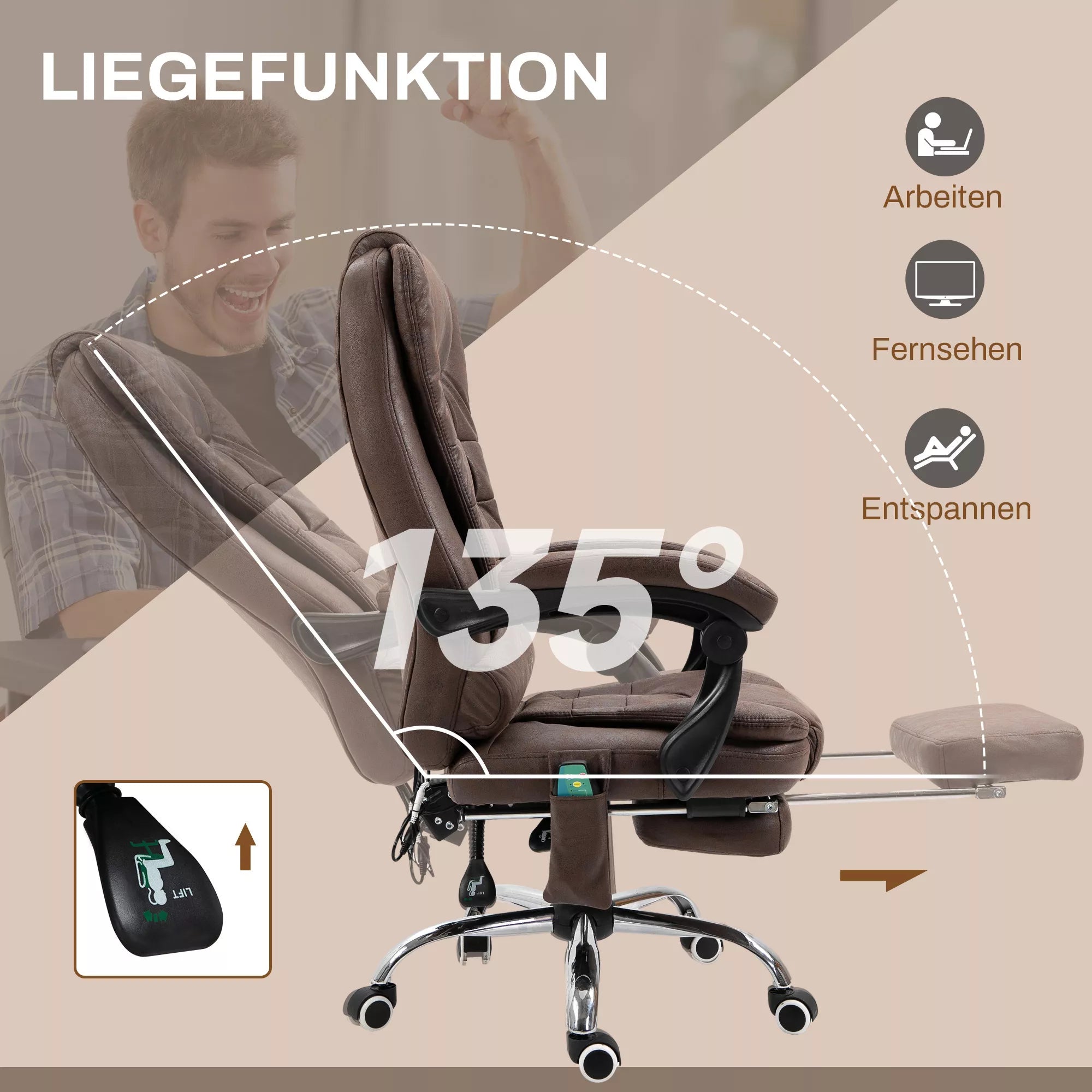 Masažinė biuro kėdė, atlošimo ir šildymo funkcija, pasukama, ergonomiška, iki 120 kg, ruda