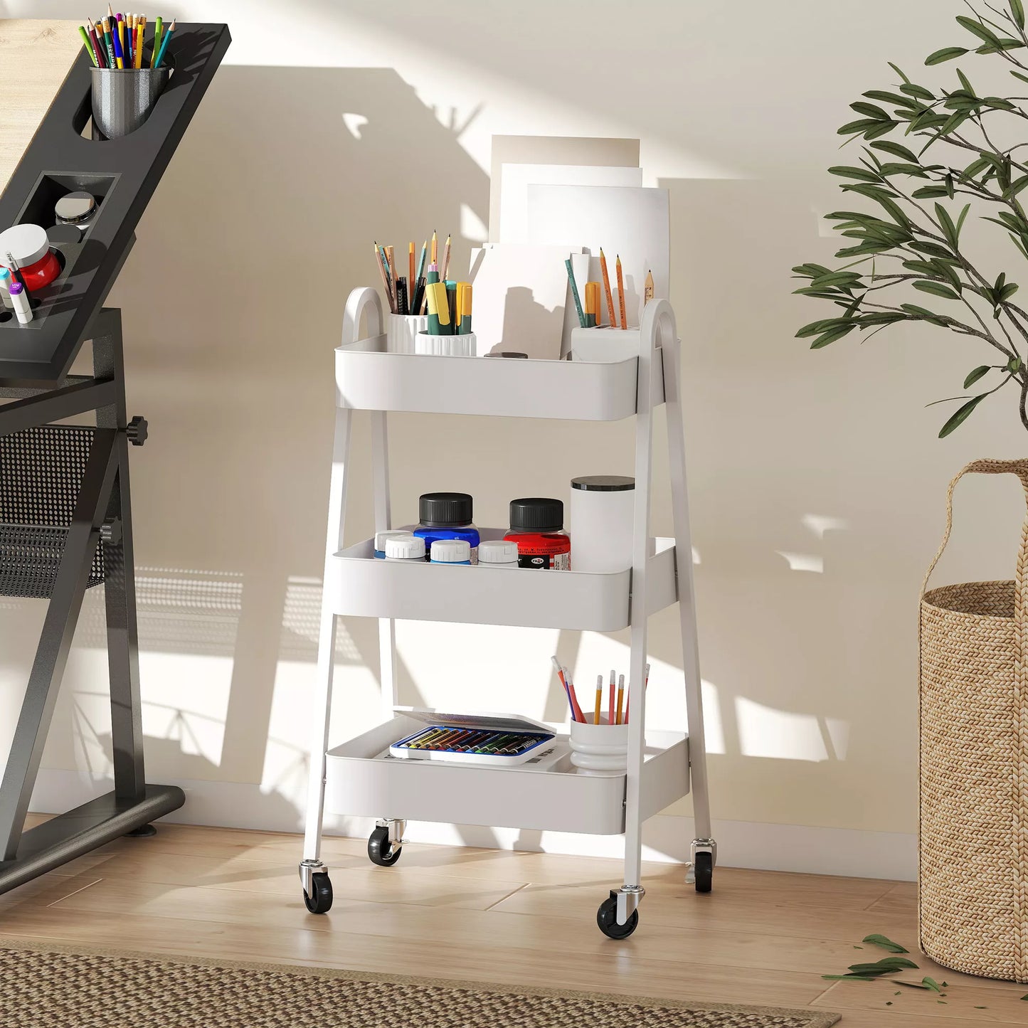 Tarnavimo vežimėlis su 3 lentynomis, virtuvės vežimėlis su ratukais ir rankena, riedantis vežimėlis su stabdžiu virtuvei, biurui, vonios kambariui, baltas