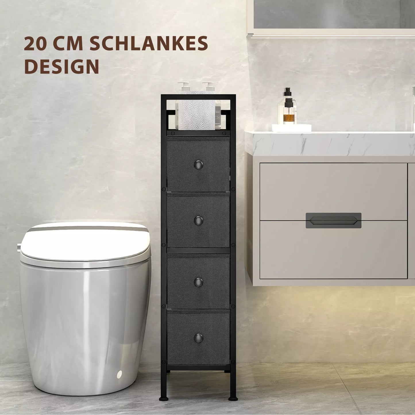 Siaura komoda su 4 stalčiais smulkiems daiktams, talpi daiktų saugojimo spintelė su metaliniu rėmu, plienas ir neaustinis audinis, 20x43x81,5 cm, juoda