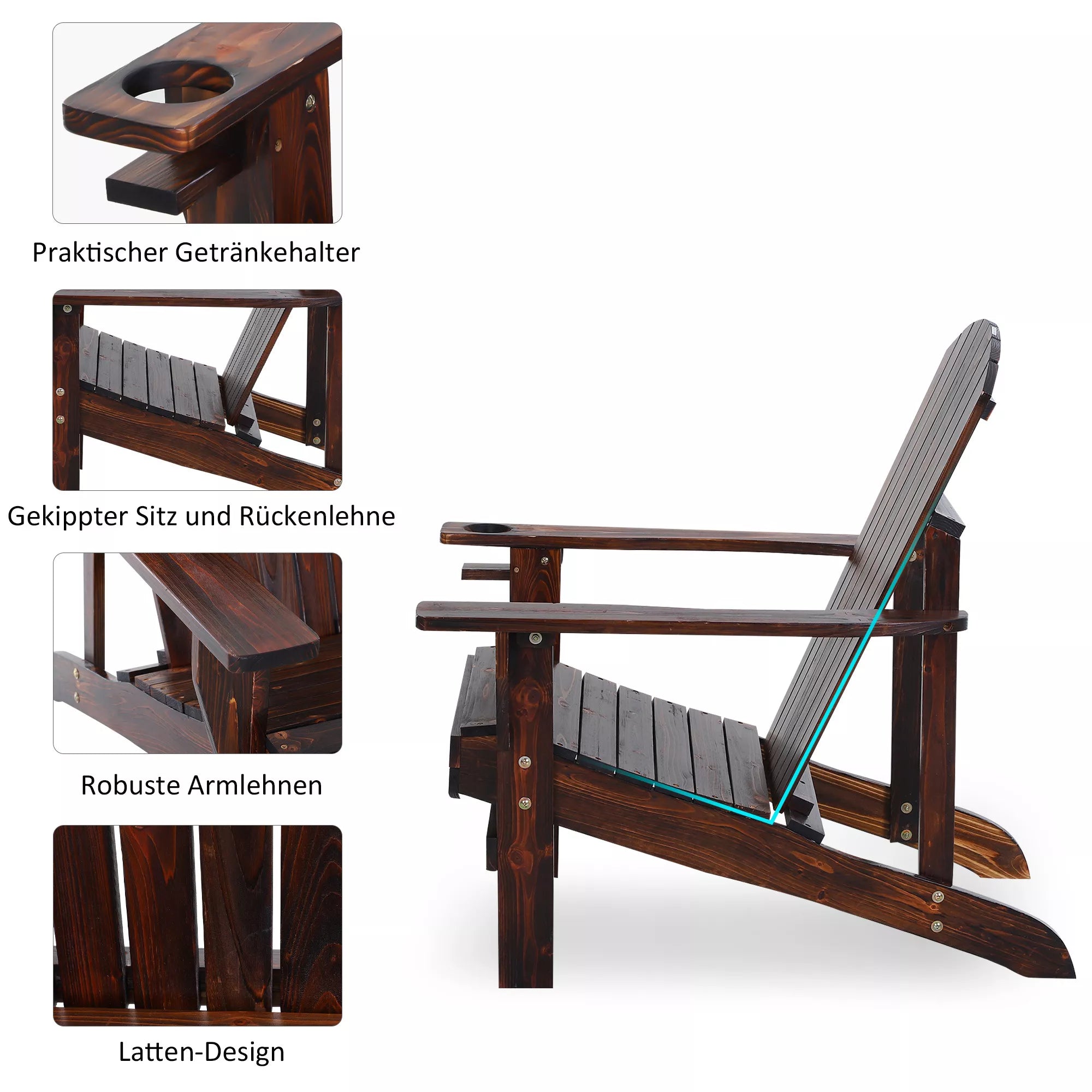 Adirondack sodo kėdė su laikikliu puodeliui Sodo gultas Balkono kėdė Masyvi mediena Anglies spalvos 72 x 95 x 93 cm