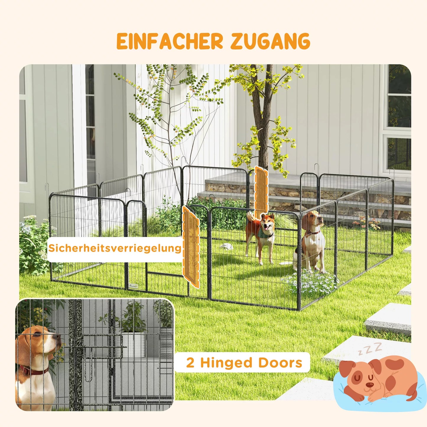 Šuniukų aptvaras, naminių gyvūnėlių voljeras, 12 skydelių po 80x80 cm, 2 durys, plieno rėmas, pilkas