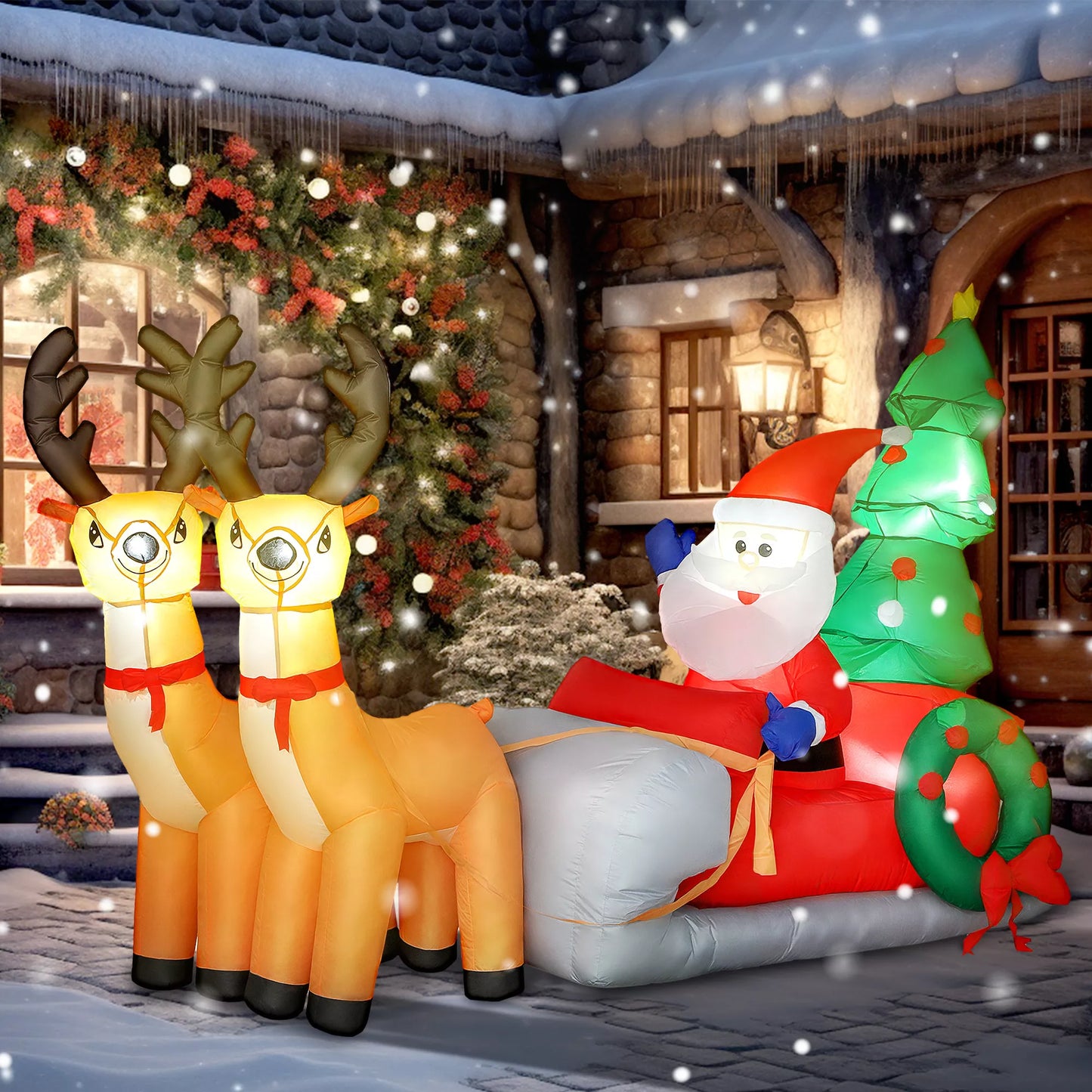 Pripučiama kalėdinė puošmena, Kalėdų senelis su elnių rogutėmis, poliesterio audinys, LED lemputės, spalvinga