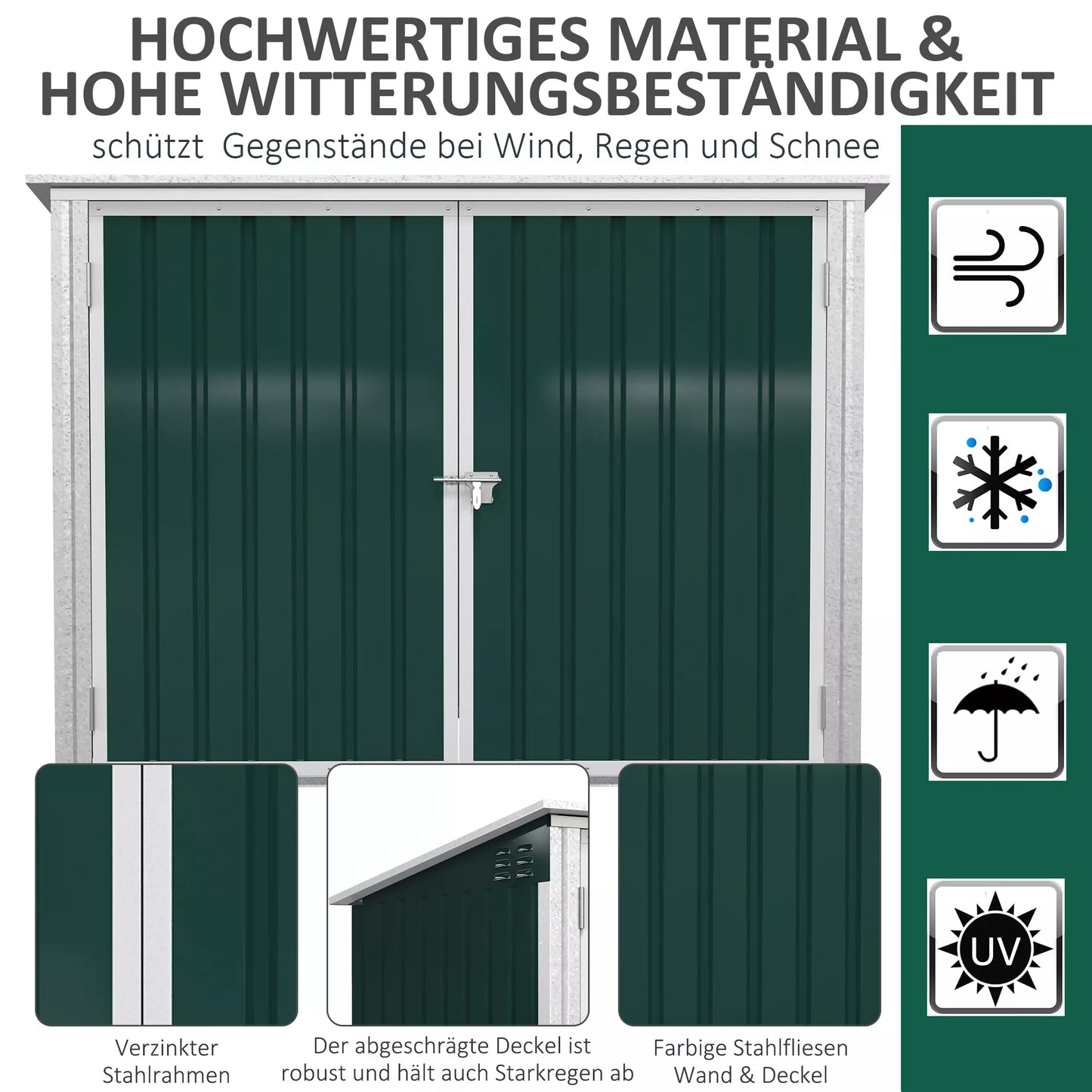 Lauko šiukšliadėžių dėžė Storer, užrakinama laikymo dėžė 2 šiukšliadėžėms, plieninė, 178,5 x 104,5 x 128,5/113 cm, žalia