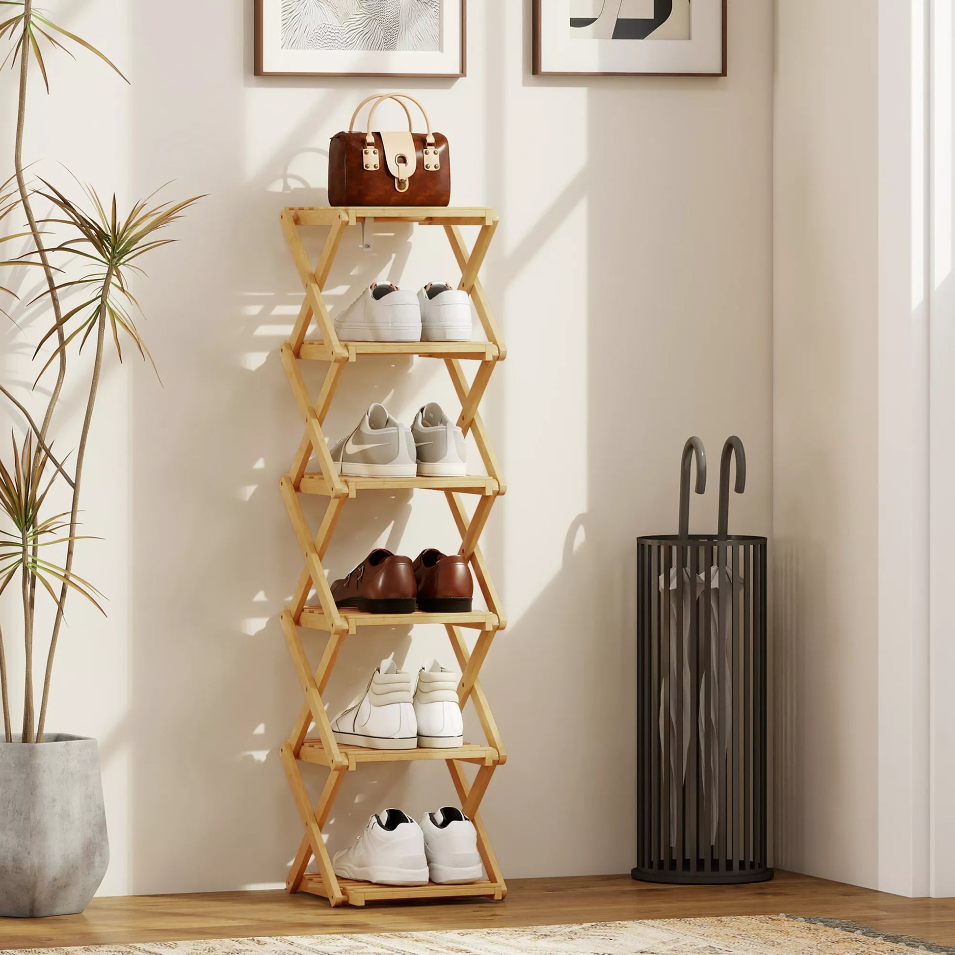 Batų stovas, sulankstomas batų stovas su 6 lygiais iš bambuko, skirtas maks. 9 poroms batų, 30 x 29 x 108 cm, natūralus