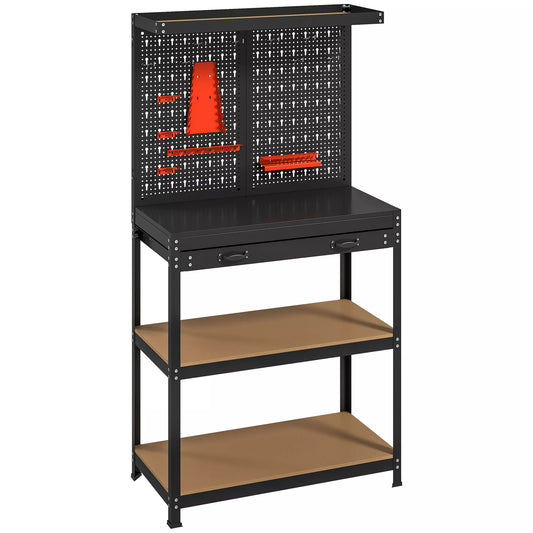 Įrankių stalas 80 x 40,5 x 155 cm, su perforuota sienele, kabliukais, stalčiumi, 2 lentynomis dirbtuvėms, juodas
