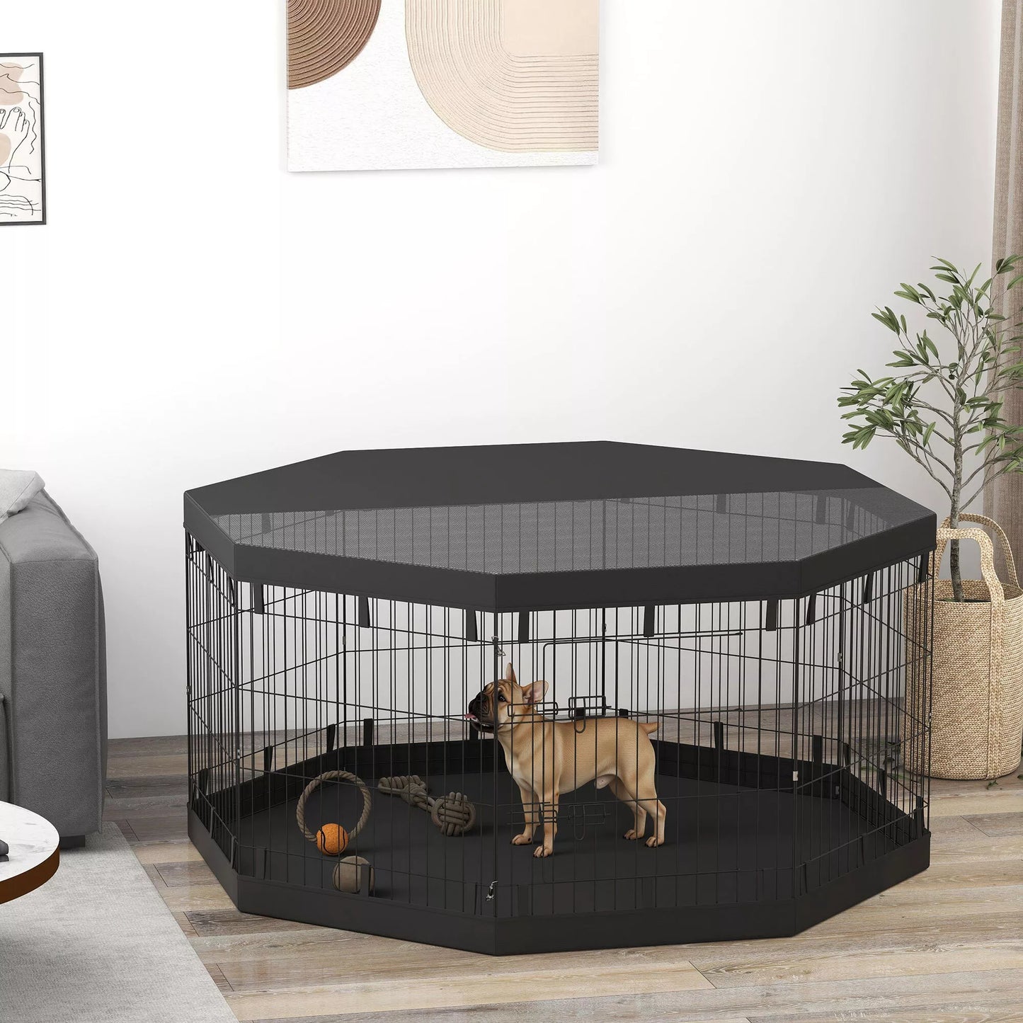 Šuniukų aptvaras, 76 cm aukščio/apie 2,5 m², 8 panelės, grindų danga, kombinuota stogo danga