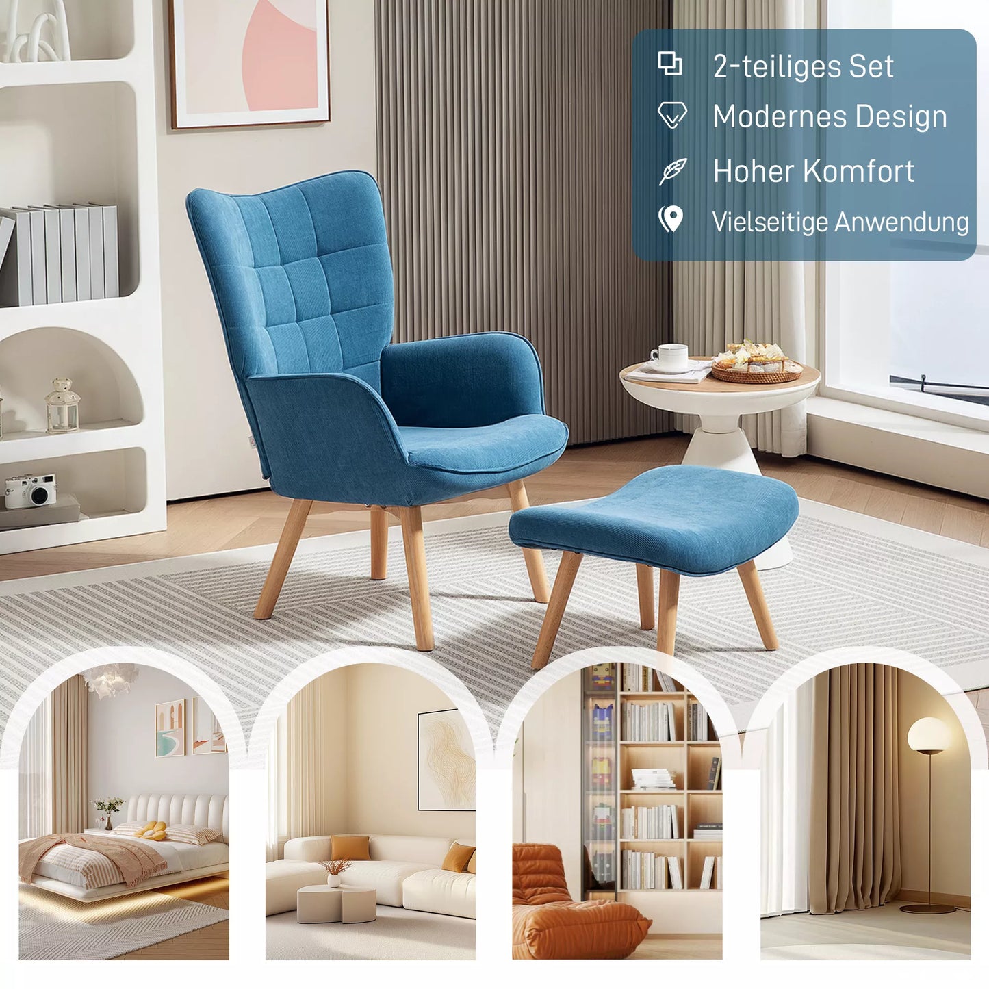 Akcentinis fotelis su pufiku, poilsio fotelis su kordoinės imitacijos apmušalu, fotelis su medinėmis kojomis, svetainei, mėlynas