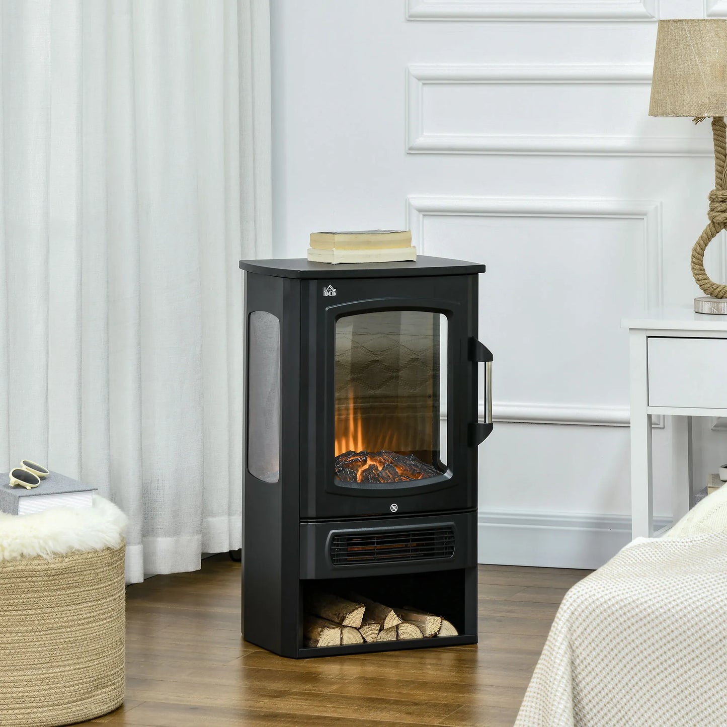 Elektrinis židinys, realistiški liepsnos efektai, 2 šildymo pakopos, apsauga nuo perkaitimo, plienas, juoda spalva, 44,5 x 32 x 74 cm